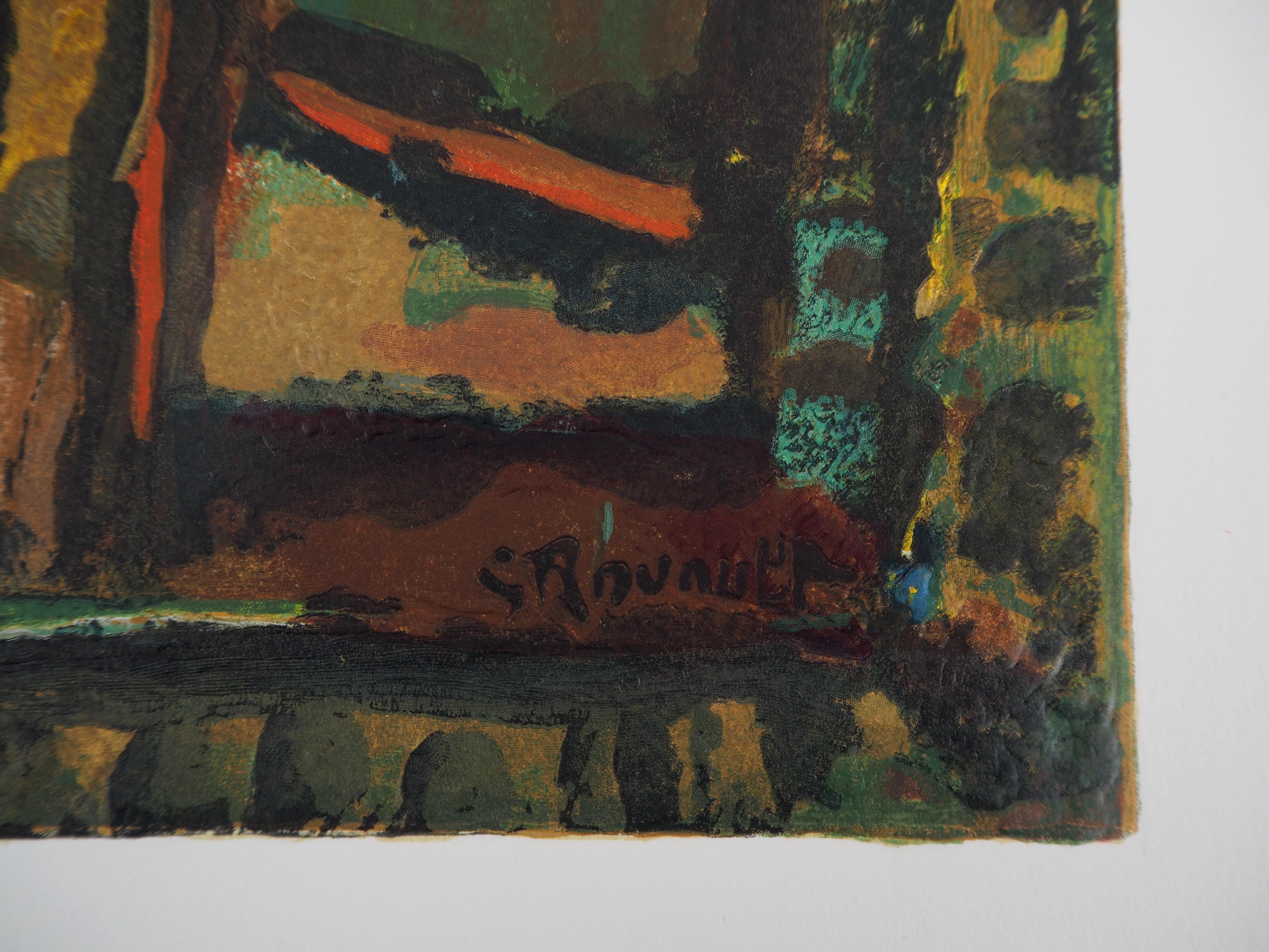 Easter : Crucifixion - Woodcut on Arches vellum - Printed signature - Gray Figurative Print by Georges Rouault