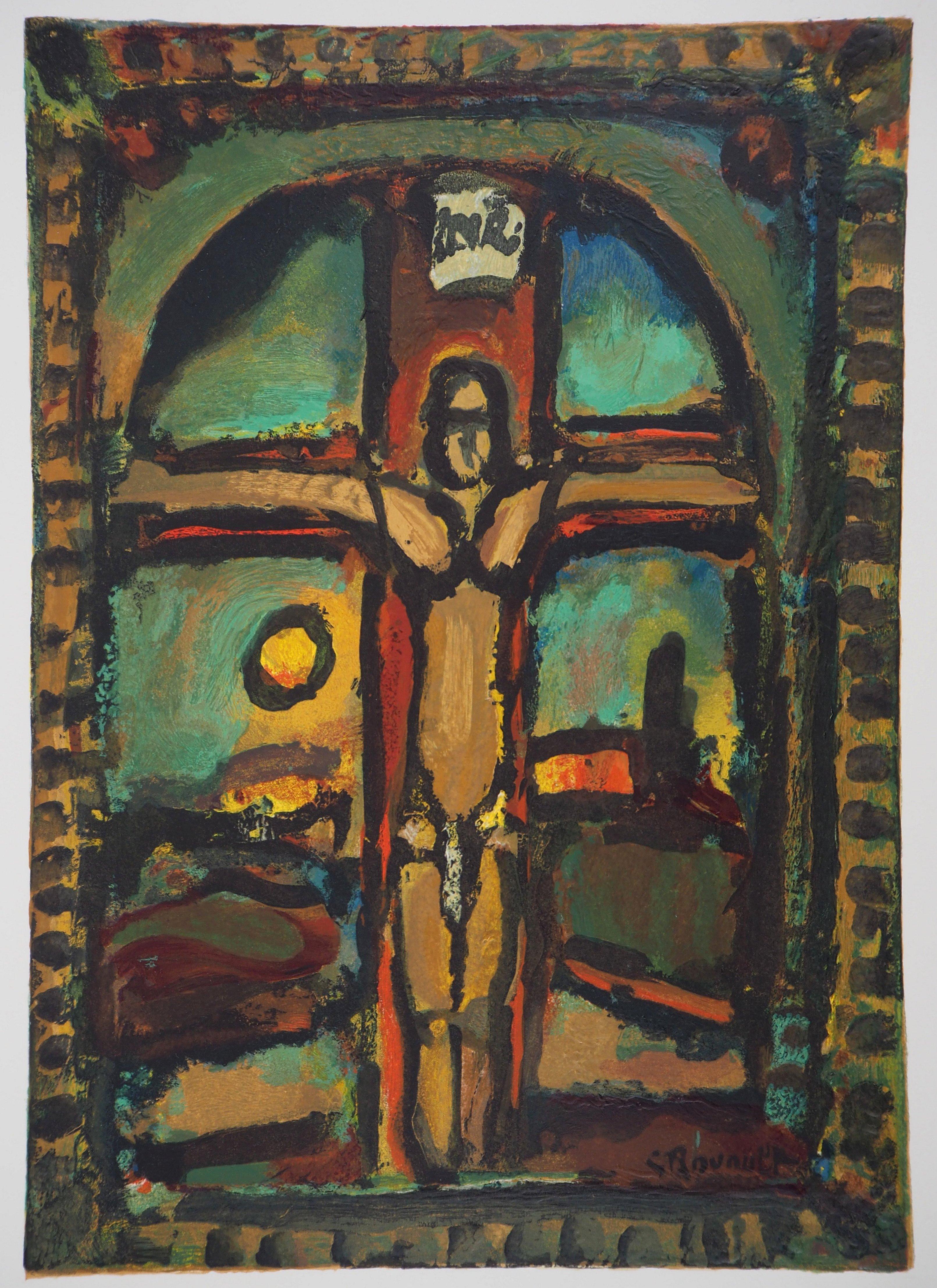 Easter : Crucifixion - Woodcut on Arches vellum - Printed signature For Sale 1
