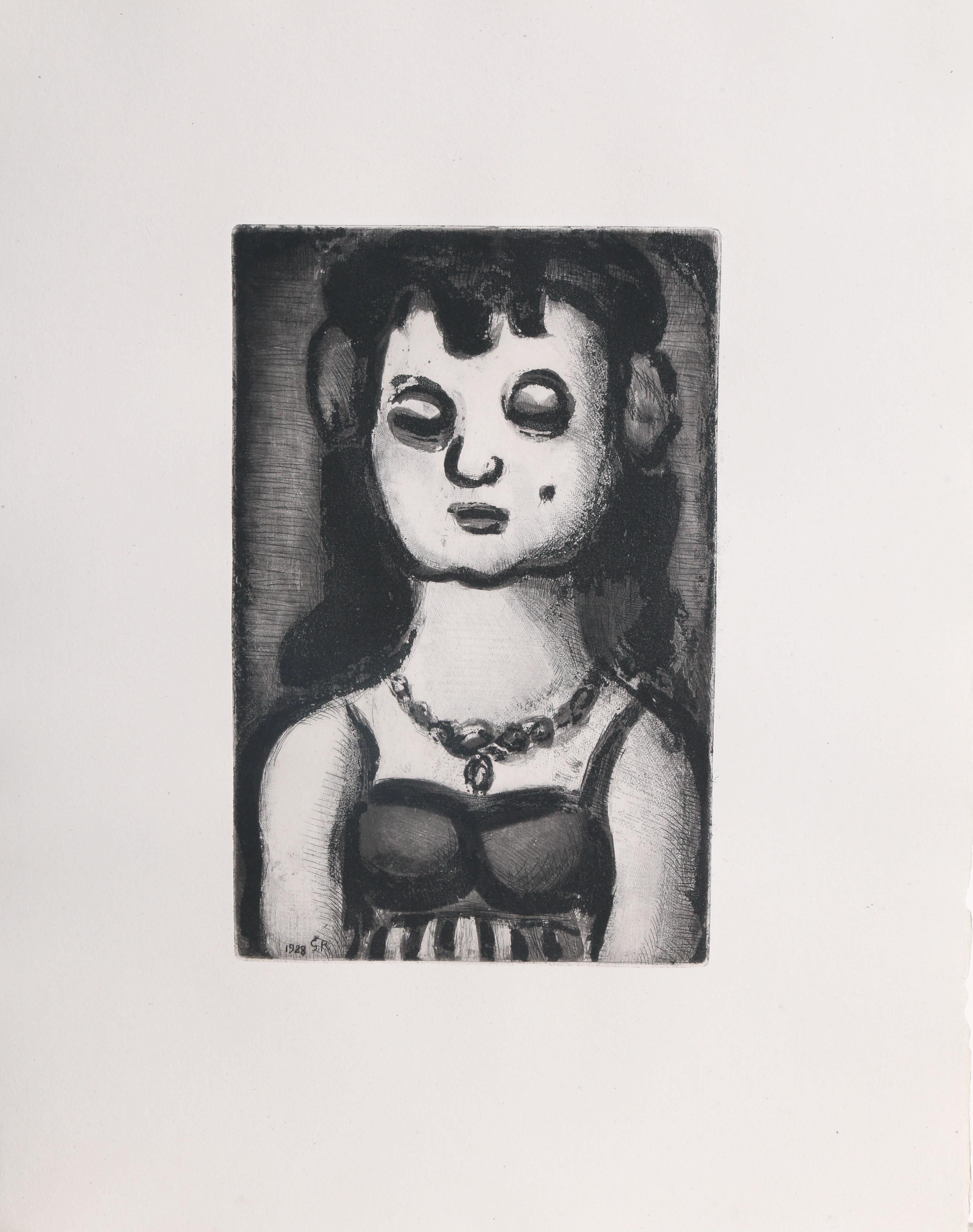 Femme au Collier from The Reincarnations du Pere Ubu
Georges Rouault, French (1871–1958)
Date: 1928
Etching with Aquatint, signed in the plate
Image Size: 12 x 8 inches
Size: 17 x 13 in. (43.18 x 33.02 cm)