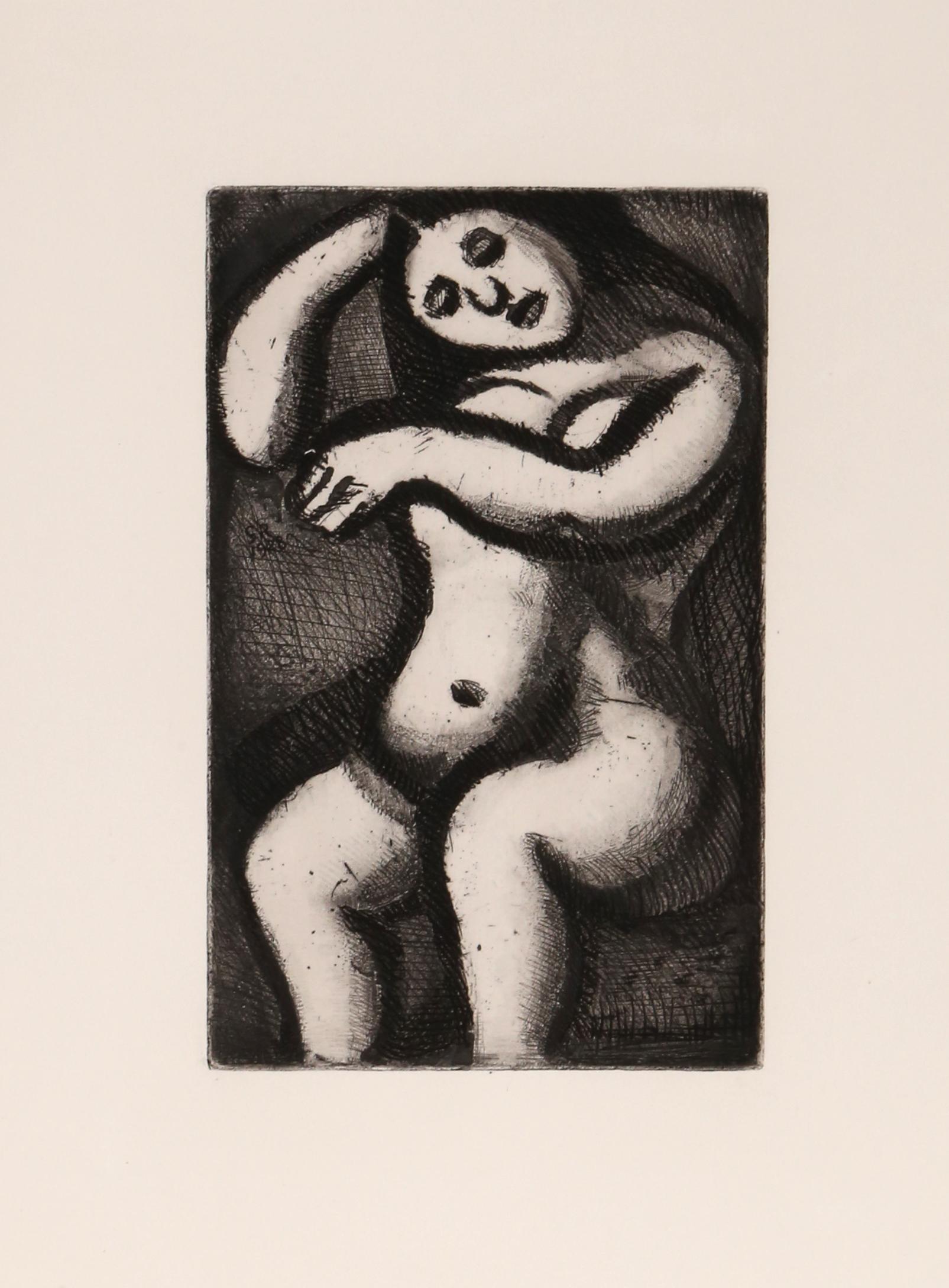 Femme Nue Assise from Le Reincarnations du Pere Ubu
Georges Rouault, French (1871–1958)
Date: 1928
Aquatint on Arches, signed in the plate
Image Size: 10.5 x 6.5 inches
Size: 17.5 x 13 in. (44.45 x 33.02 cm)