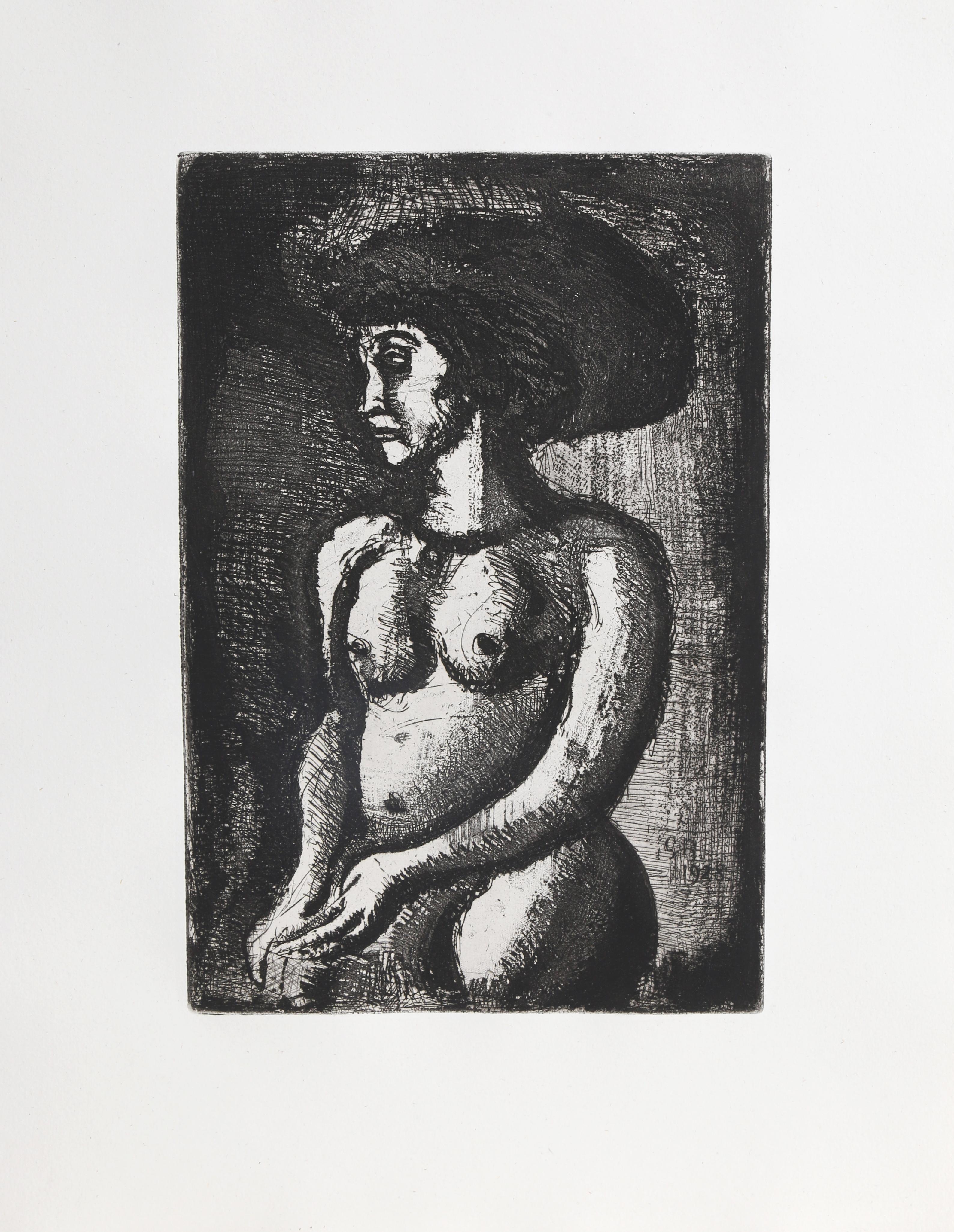 Femme Nue Vero la Gauche da Le reincarnazioni di Pere Ubu
Georges Rouault, francese (1871-1958)
Data: 1928
Acquaforte con acquatinta, firmata nella lastra
Dimensioni dell'immagine: 12 x 8 pollici
Dimensioni: 17 x 13 pollici (43,18 x 33,02 cm)