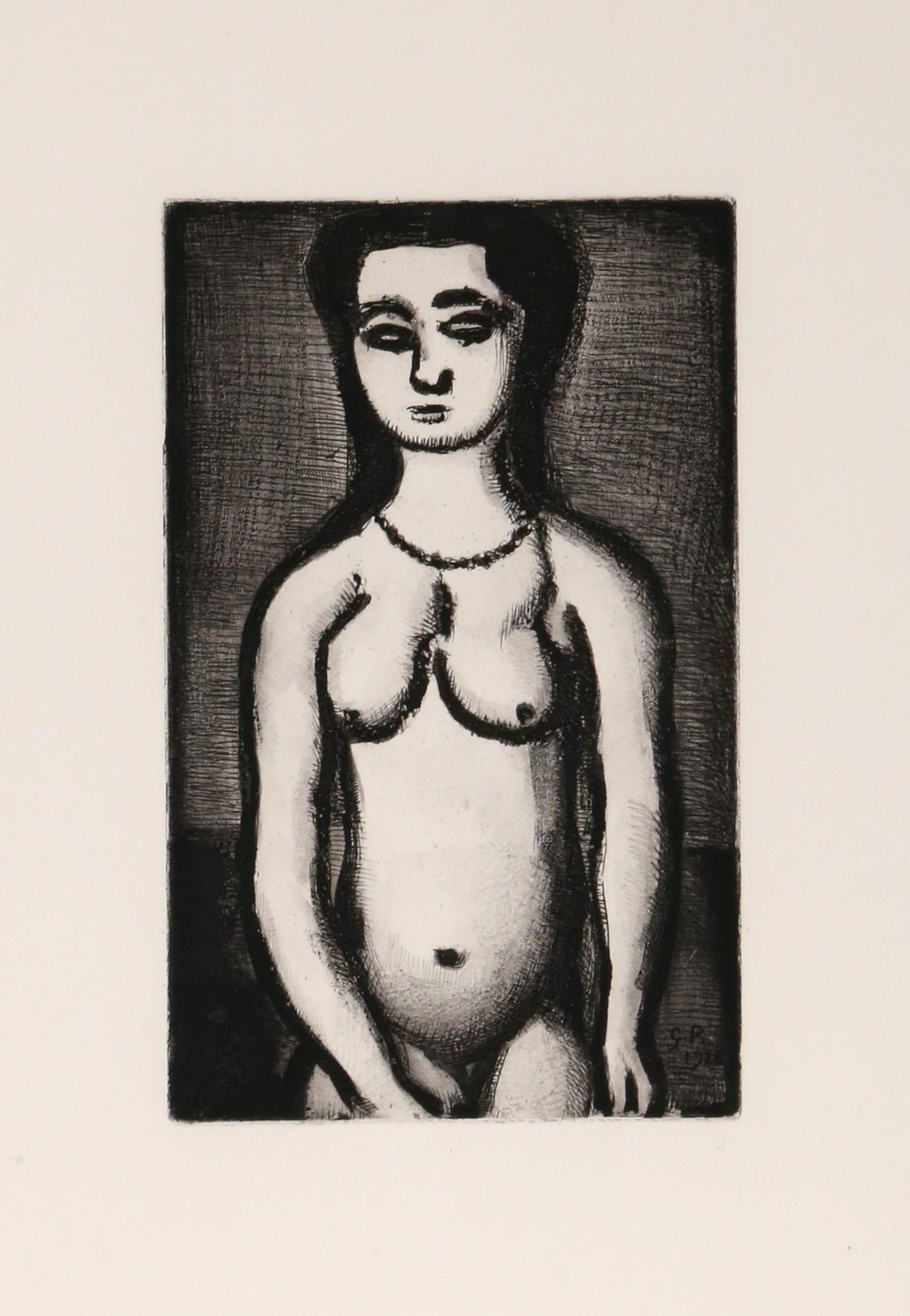 Fille Nue from Le Reincarnations du Pere Ubu
Georges Rouault, French (1871–1958)
Date: 1928
Aquatint on Arches, signed in the plate
Image Size: 10.5 x 6.5 inches
Size: 17 x 12.5 in. (43.18 x 31.75 cm)