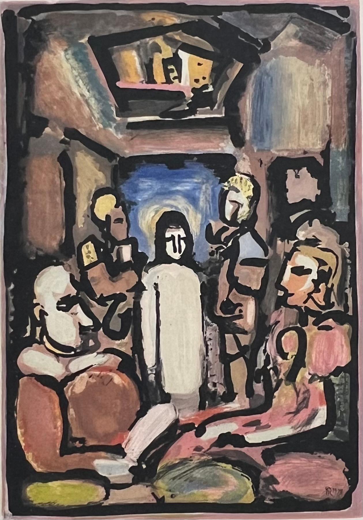 George Rouault, Christ et Mammon from The Passion, etching, hand coloring  - Print by Georges Rouault