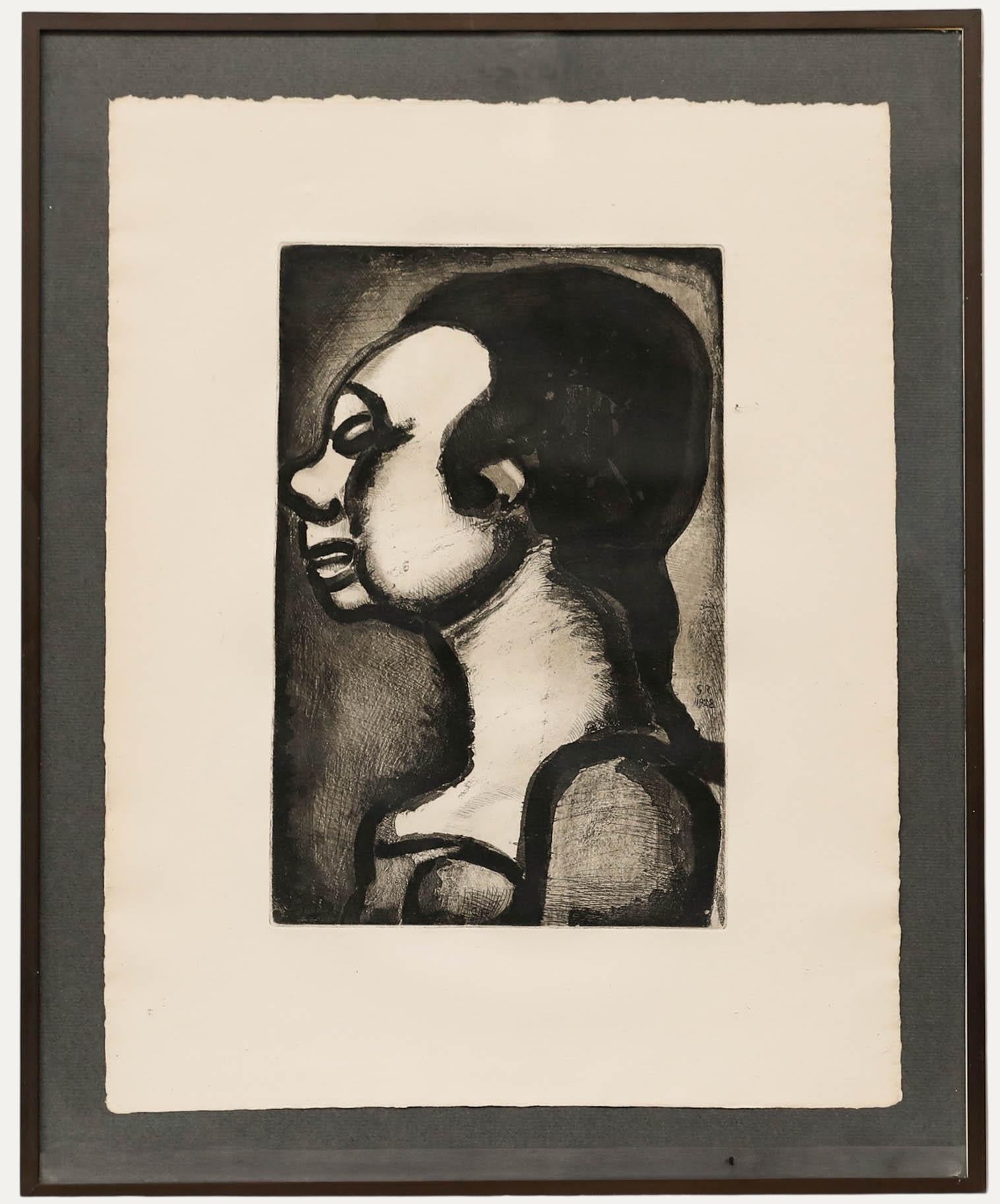 This evocative print is part of a series of twenty-two created by Georges Rouault between 1918 and 1928. The series was commissioned by art dealer Ambroise Vollard to accompany 'Reincarnations of Père Ubu', his own continuation of 'Ubu Roi', the