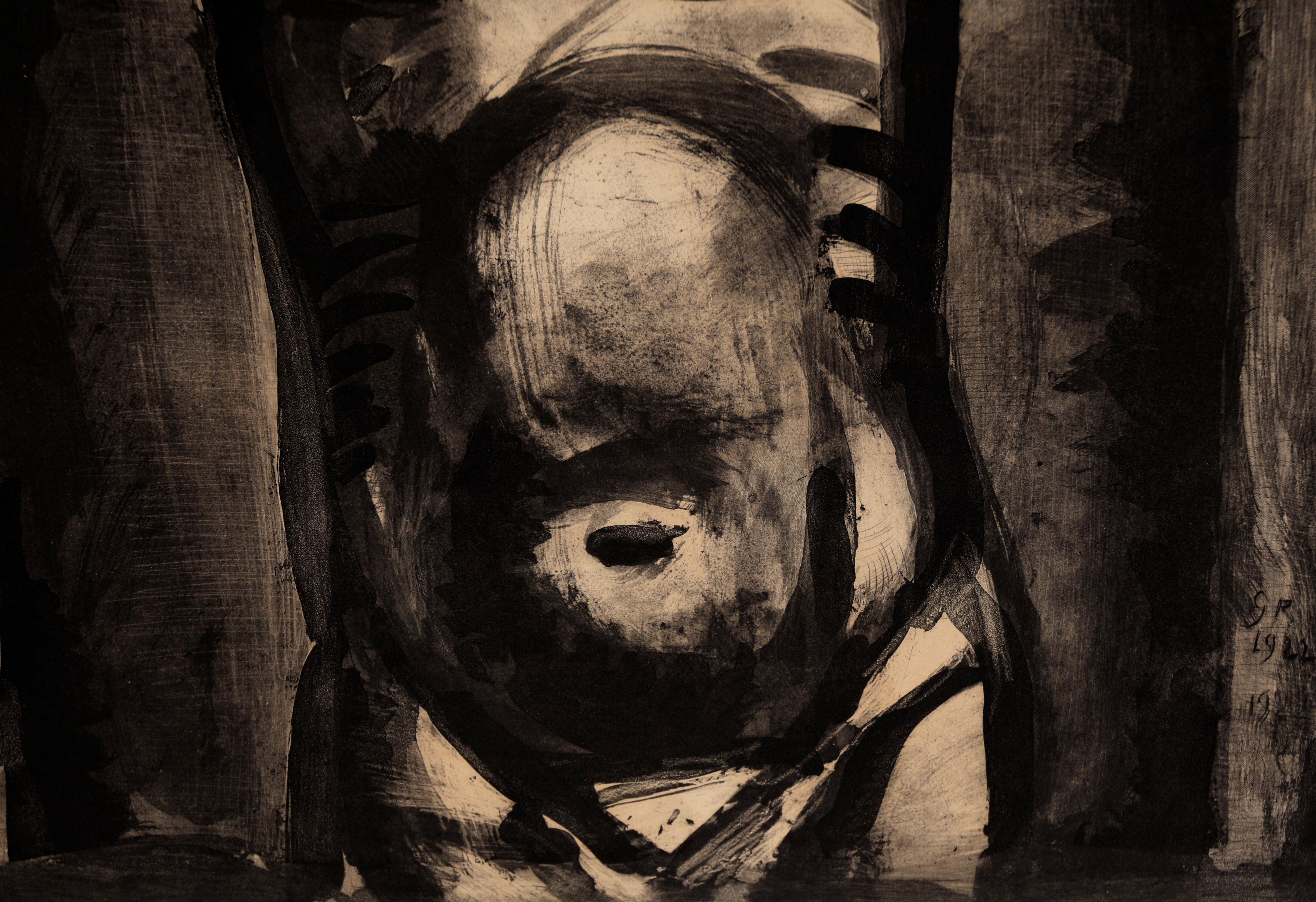 Jèsus sera en Agonie jusqu'à la fin du Monde; from Folio Miserere, 1922

Aquatint of Jesus' crucifixion by Georges Rouault (French, 1871-1958). Jesus is depicted with his head lowered and tilted. This piece is from the series 
