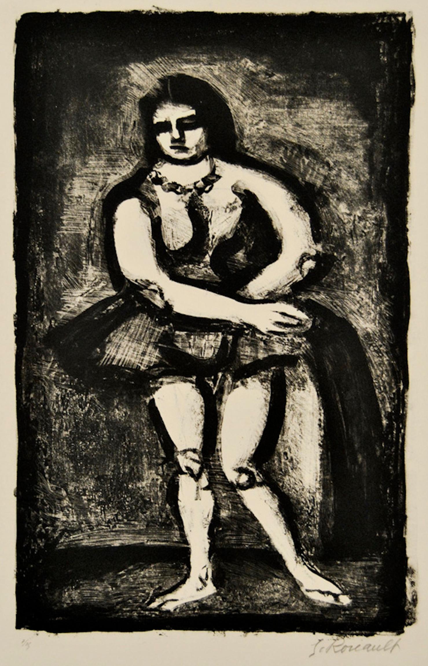 L'Ecuyere is a beautiful original lithograph realized by Georges Rouault in 1920.

Hand-signed and numbered by the artist in pencil.

Edition of 25 prints.

5th ad final state of a subject already printed, with significant differences, in the