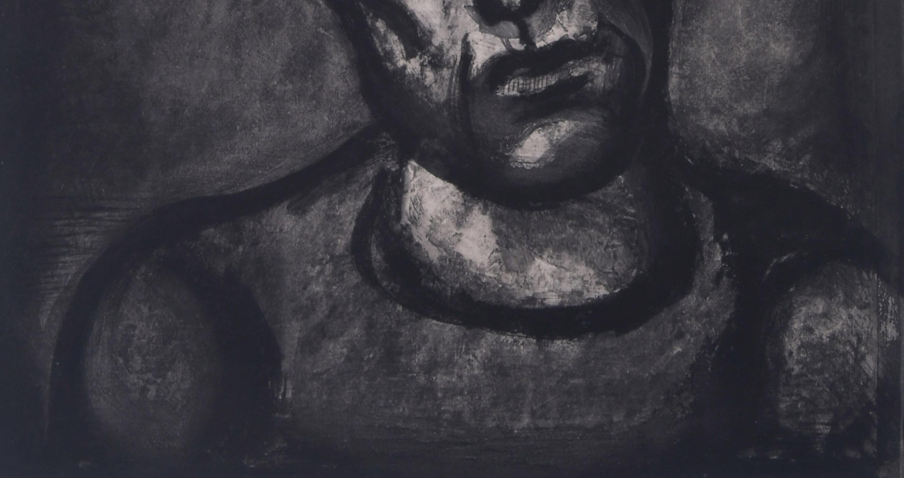 Qui ne se grime pas ? 
(Qu'est-ce qui ne porte pas un masque ?
Aquatinte, roulette, pointe sèche, morsure d'acide et roussissement, 1923
Signé dans la plaque en bas à gauche (voir photo)
Daté au crayon
Série : Miserere et Guerre, Plate 8 
Edition :