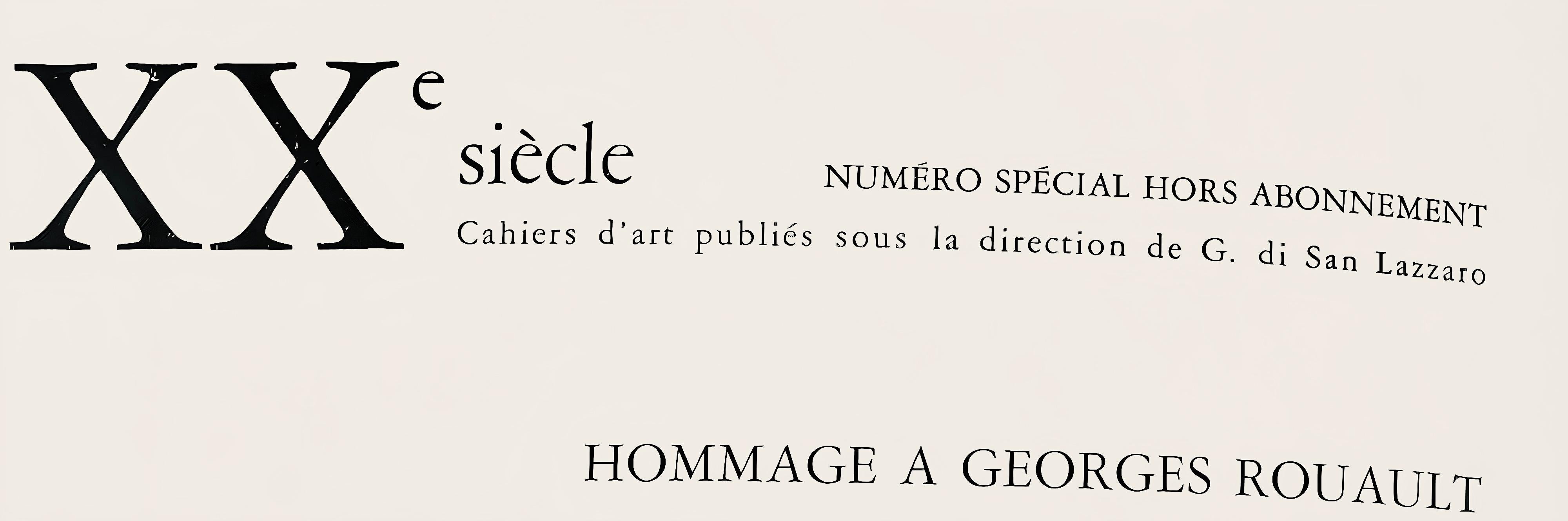 Litografía sobre papel vélin. Tamaño del papel: 12,4 x 9,65 pulgadas. Inscripción: Sin firmar y sin numerar, tal como se emitió. Notas: Del álbum, XXe siècle, numéro spécial hors abonnement, Hommage à Georges Rouault, Cahiers d'art publiés sous la