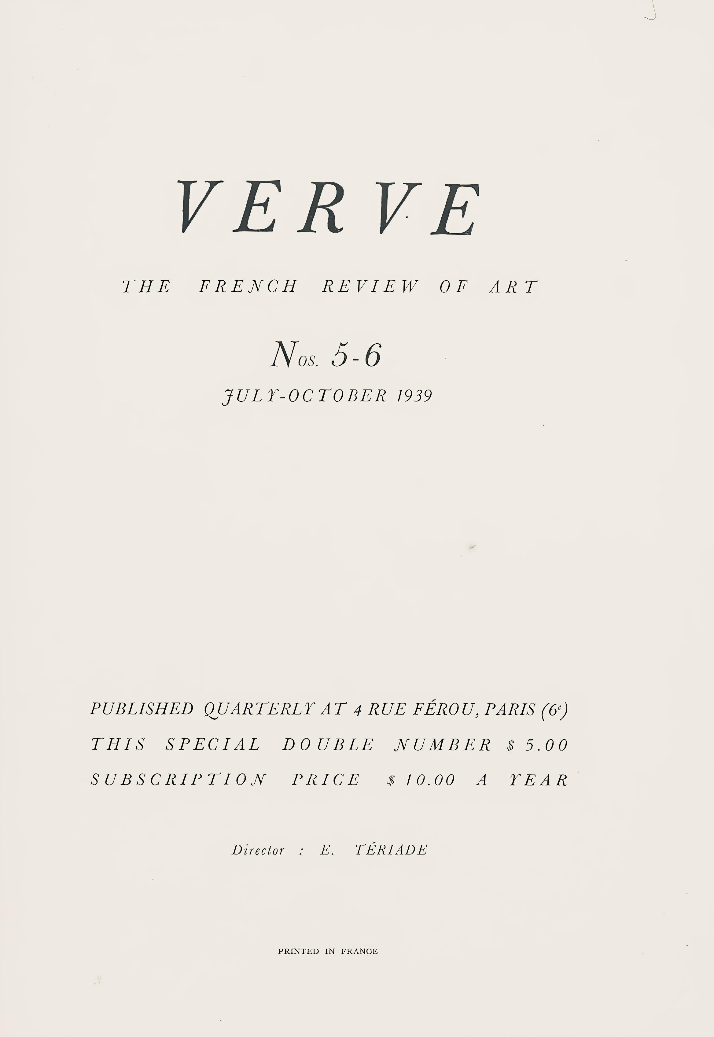 Lithograph on vélin des Papeteries du Marais paper. Paper Size: 14 x 10.25 inches. Inscription: Signed in the plate and unnumbered, as issued. Notes: From the album, Verve: Revue Artistique et Littéraire, Vol. II, N° 5-6, 1939. Published by Éditions