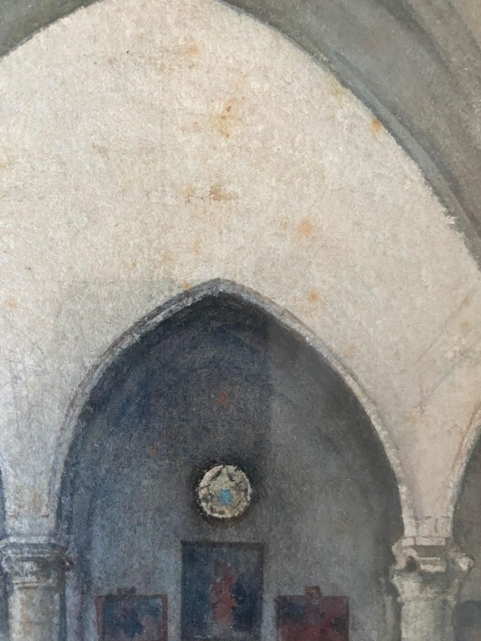 This watercolor represents the interior of a church. We can see different columns and pointed arches. We can see hanging on the opposites aisle different paintings. An altar is visible on the left side. 

This watercolor was created by the