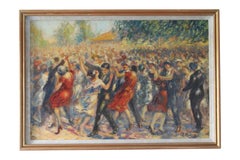 Mid-Century Oil Painting of People Dancing at a Guingette, 1940's Frenchh School