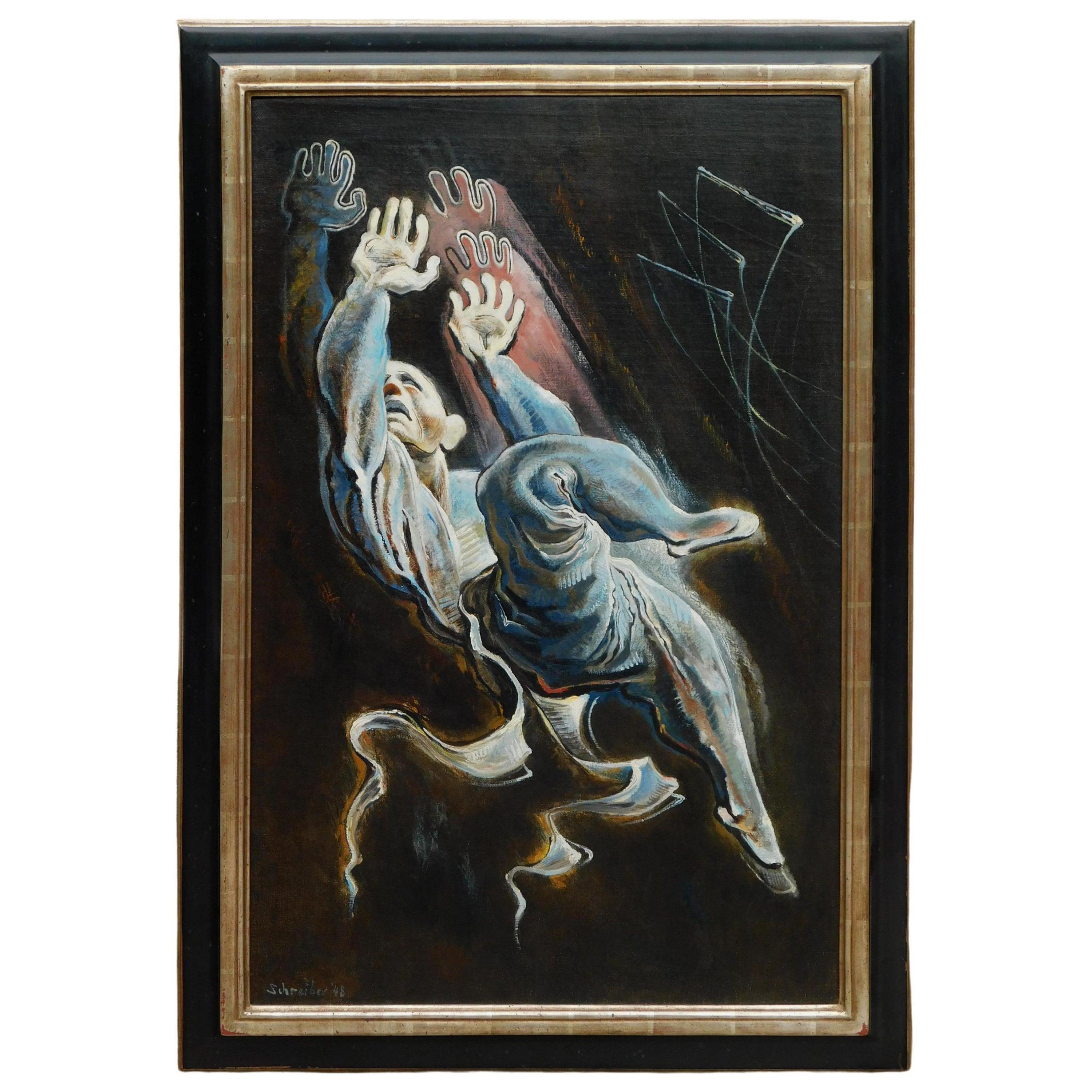 Georges Schreiber (1904-1977) oil on canvas circus scene with Trapeze Artist.
Measures 36"h x 24"w. Frame measures 41 1/4" H x 29" W.
Signed and dated lower left Schreiber '48. Also signed and titled on the verso. 
Titled: "Mid Air 2." In very good