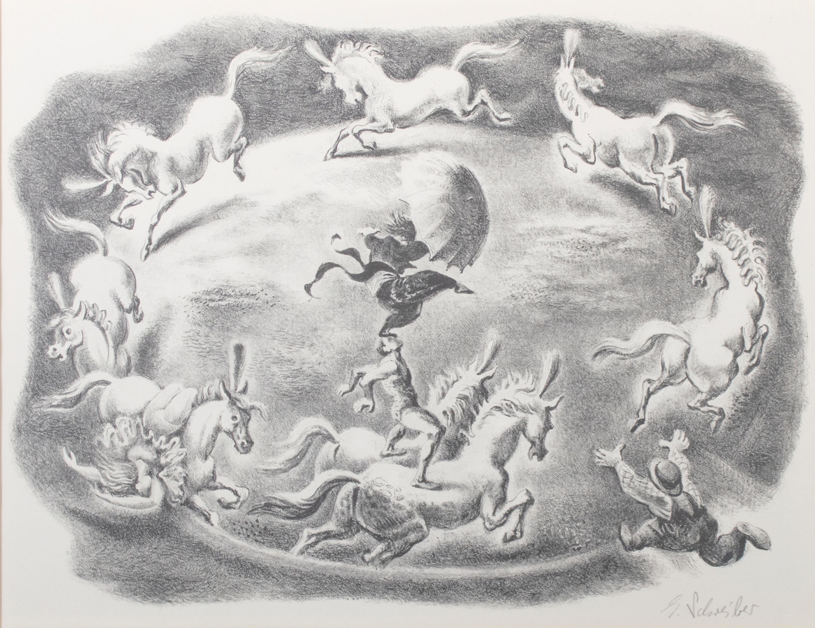 In this lithograph, Georges Schreiber focused on the thrill of the circus, taking its circular composition from the central ring. Here, acrobats perform amazing feats of agility on the backs of a whorl of galloping horses. Schreiber made several