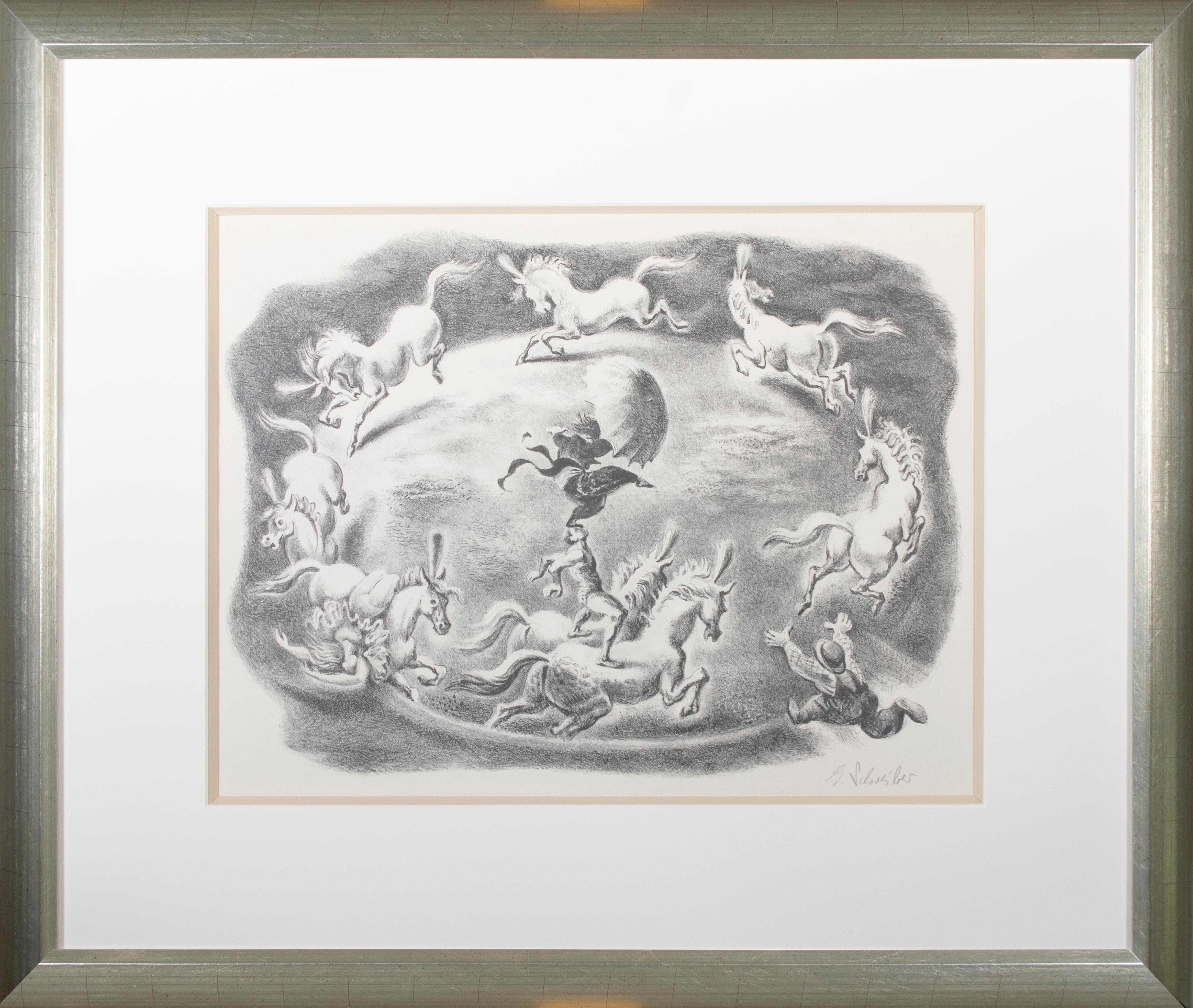 Georges Schreiber konzentrierte sich bei dieser Lithografie auf den Nervenkitzel des Zirkus, indem er die kreisförmige Komposition von der zentralen Manege übernahm. Hier vollführen Akrobaten auf dem Rücken einer Schar galoppierender Pferde