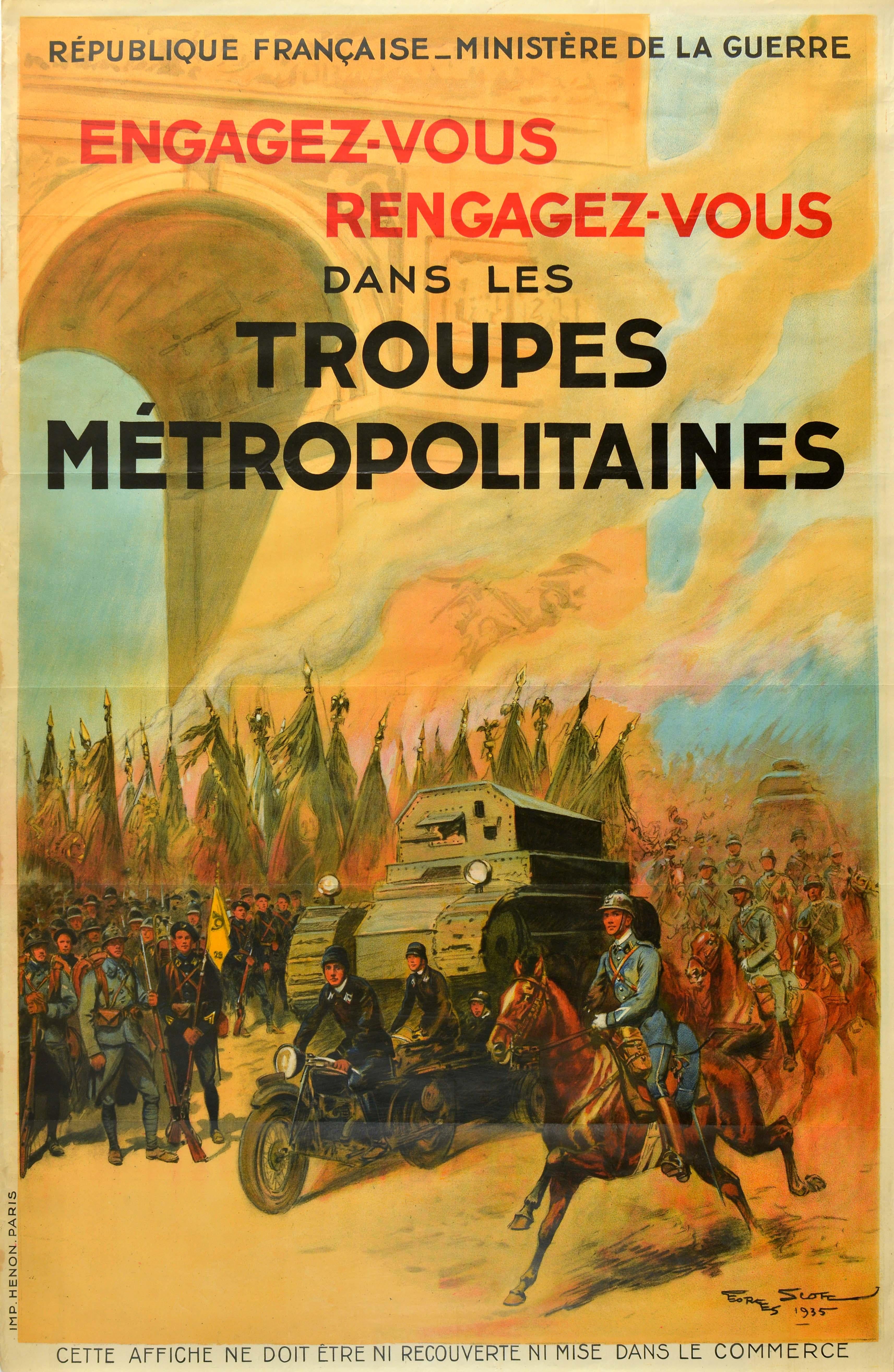 Georges Scott Print - Original Vintage Military Poster Troupes Metropolitaines Cavalry Arc De Triomphe