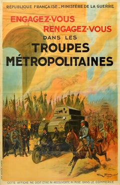 Affiche militaire d'origine vintage originale Troupes Metropolitaines Cavalerie Arc De Triomphe