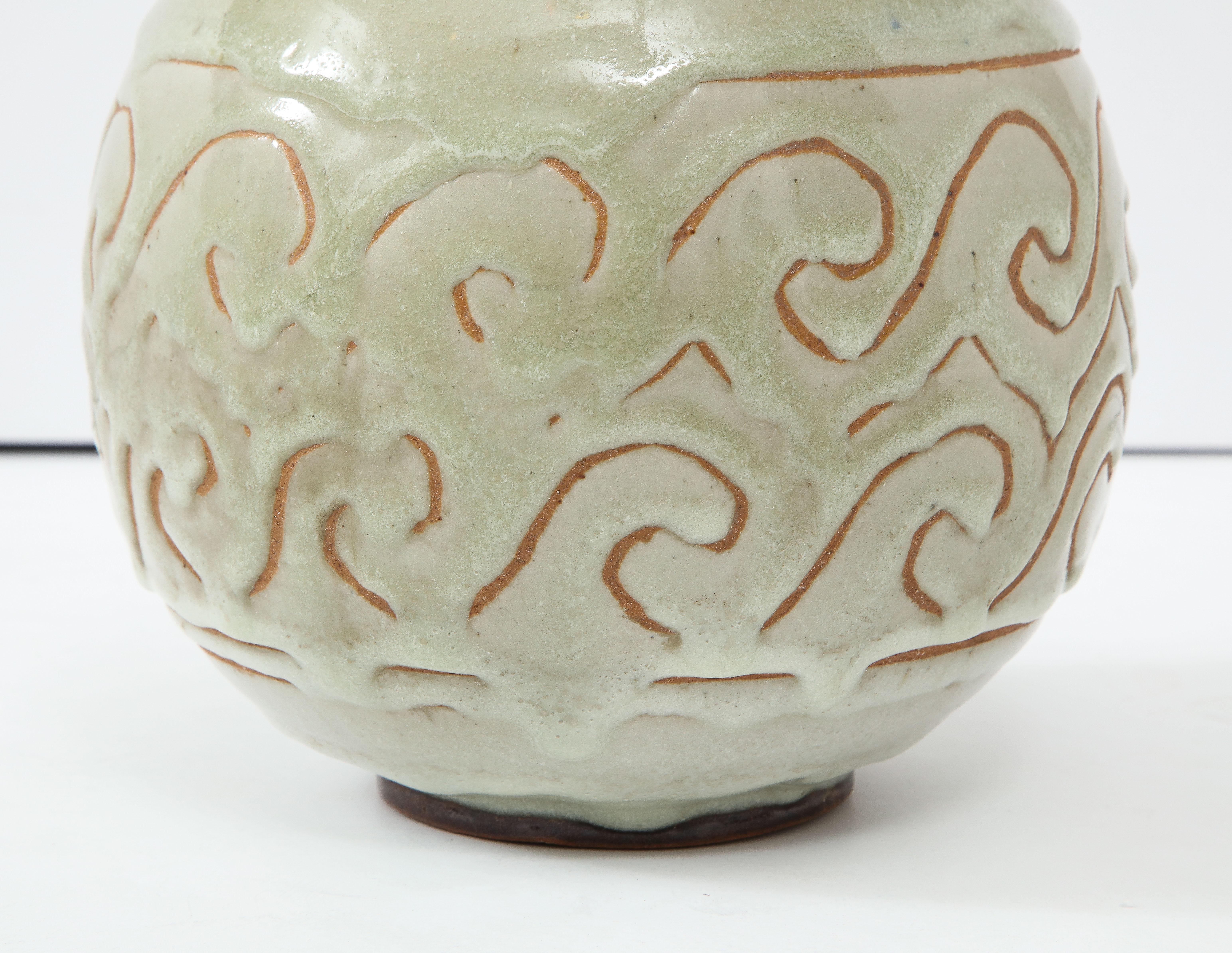 Georges Serré Art Deco Ceramic White/Celadon Vase, France, 1930, Signed 1