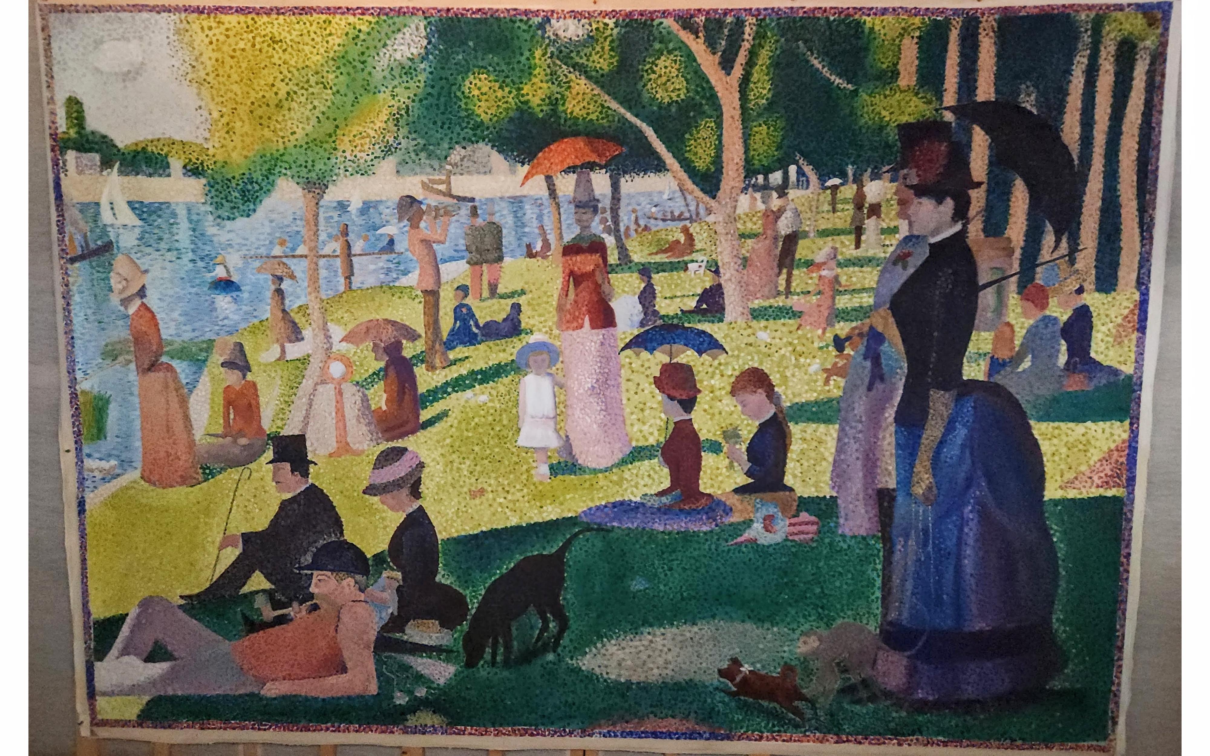 Un extraordinario telón de fondo pintado a escala real creado para la producción de 2013 de la Universidad de Princeton de Domingo en el parque con George, de Stephen Sondheim, pintado por Susan Donner.

Esta obra monumental -de 82 por 122 pulgadas,