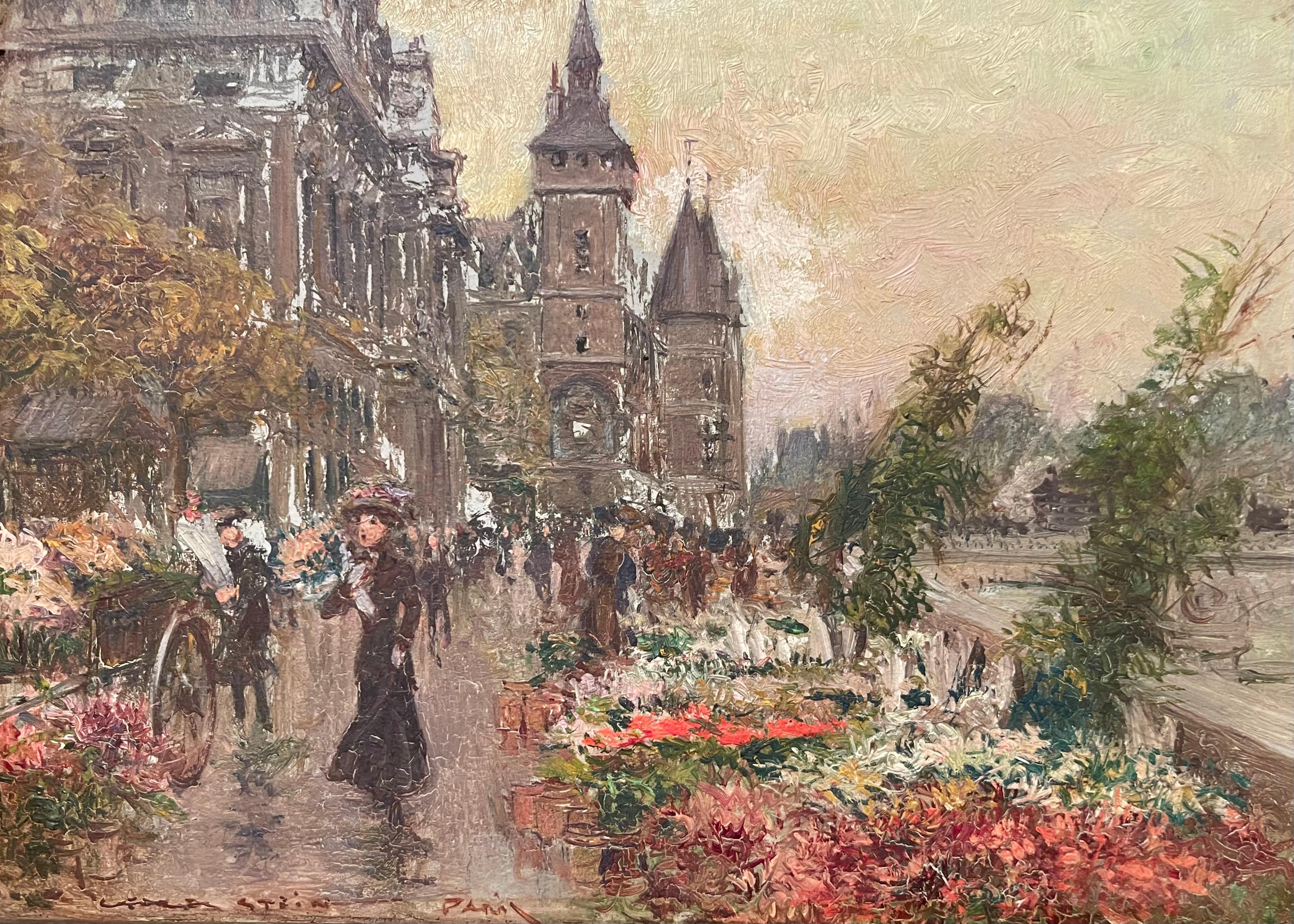 Gemälde, Öl auf Holztafel, das den Blumenmarkt auf dem Quai de l'Horloge am Fuße der Conciergerie in Paris darstellt. Signiert unten links 