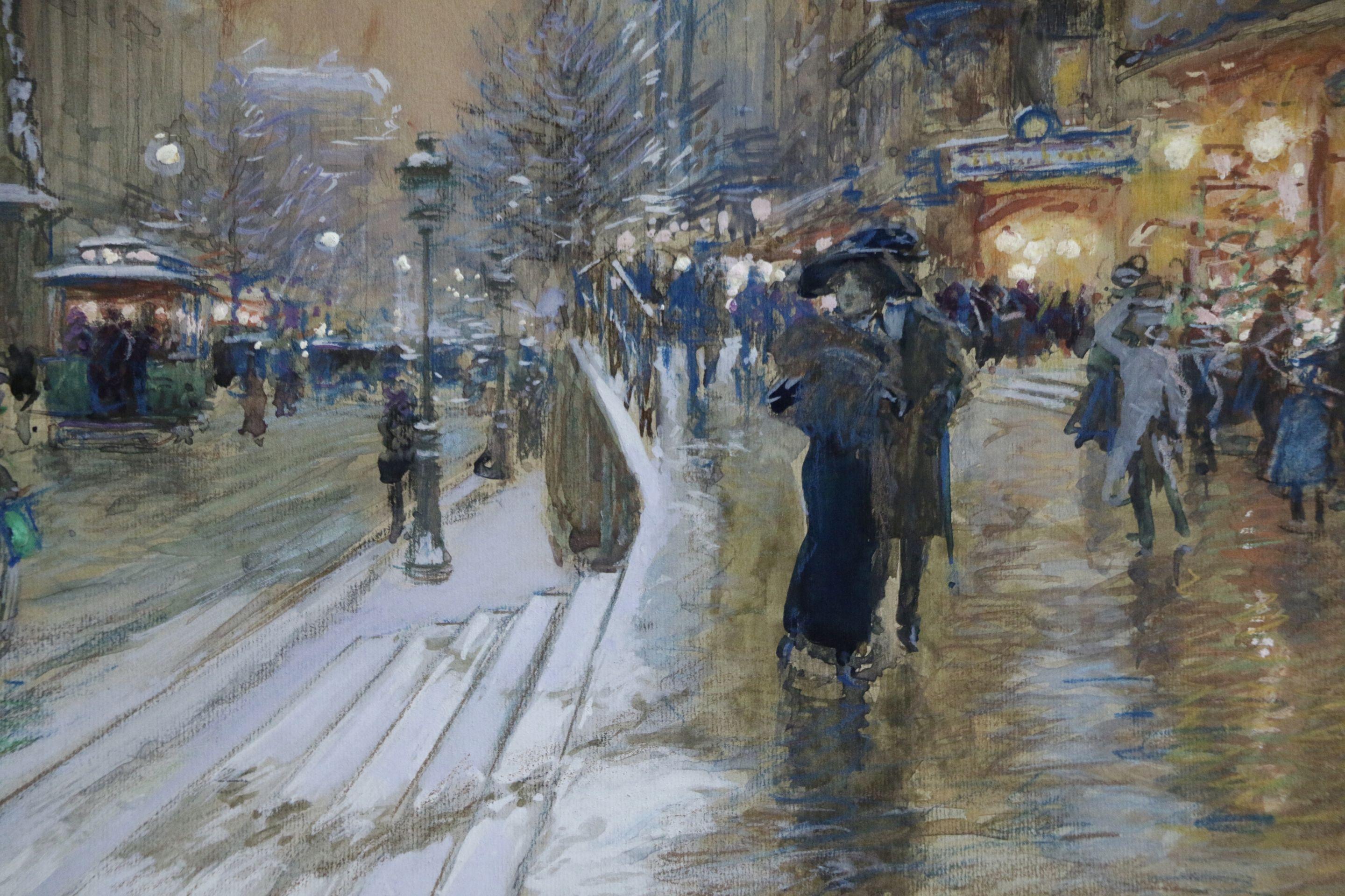 Evening-Porte Saint Denis, Paris - Figures in Cityscape at Nighttime by G Stein - Painting by Georges Stein