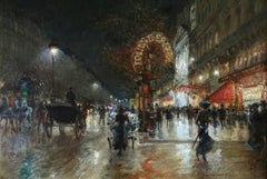 Folies Bergere - Impressionist Oil, Figures at Night Cityscape by Georges Stein