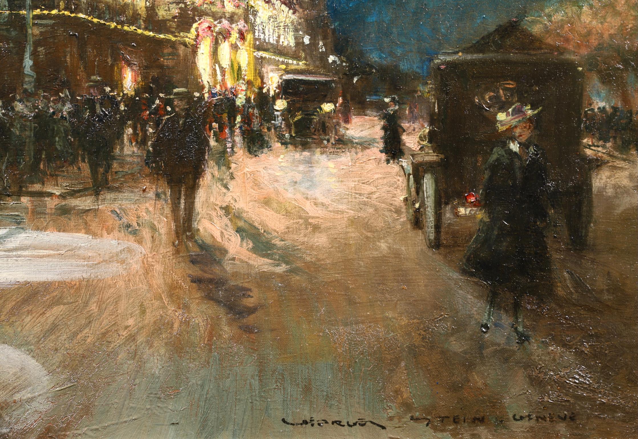 Le Grand Casino - Olio impressionista, Figure in un paesaggio urbano notturno di Georges Stein 7
