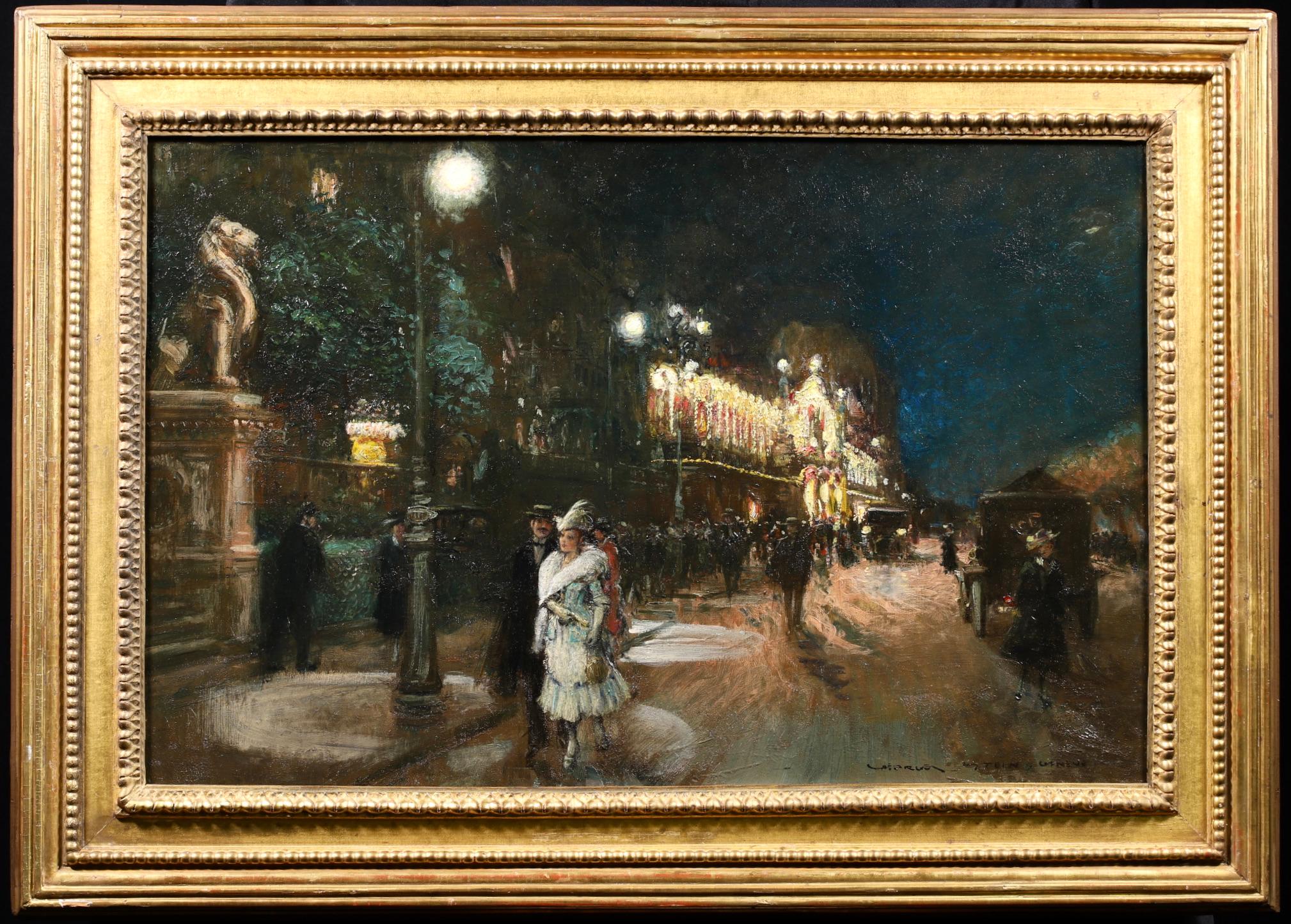 Splendido olio su tela firmato e datato di Georges Stein, pittore impressionista francese. L'opera raffigura signore e signori elegantemente vestiti nella strada davanti al Grand Casino di Ginevra. Il quadro è ambientato di notte e il casinò è