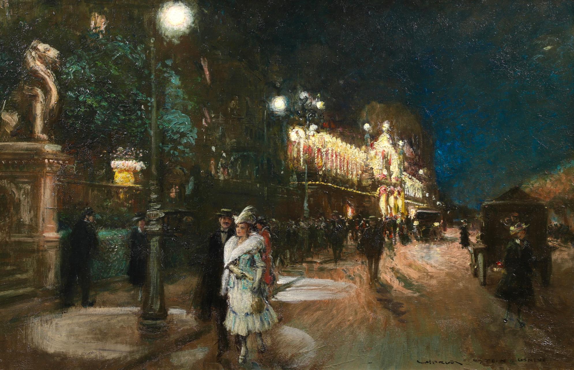 Le Grand Casino - Olio impressionista, Figure in un paesaggio urbano notturno di Georges Stein 1
