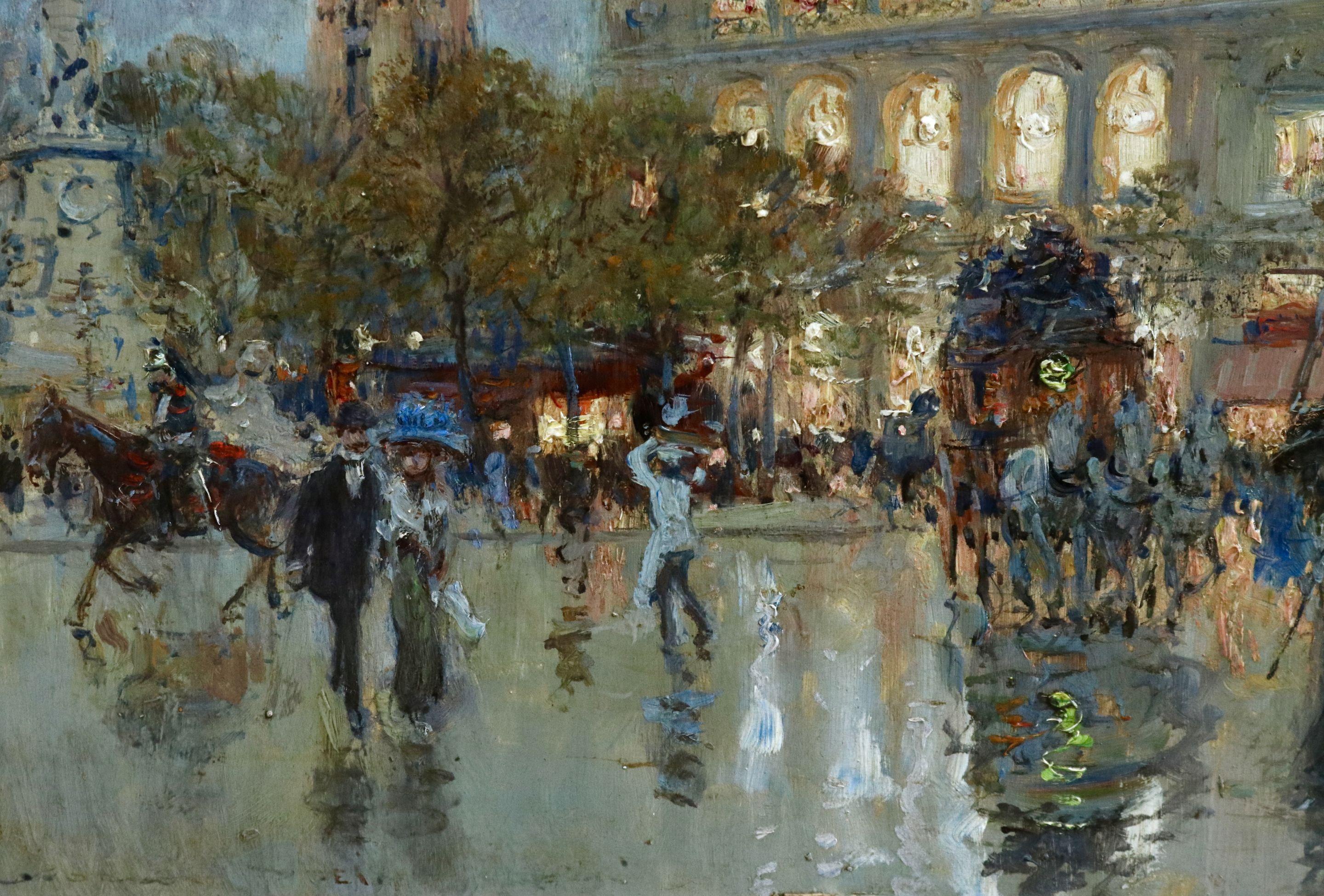 Oil on panel circa 1910 by Georges Stein depicting elegant figures in a bustling street scene on a rainy evening in Paris. Signed lower right. Framed dimensions are 16 inches high by 18 inches wide.

Georges Stein painted oil or watercolour urban