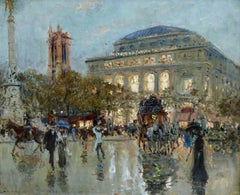 L'Opera Garnier - Paris - 19th Century Oil, Figures in Cityscape - Georges Stein