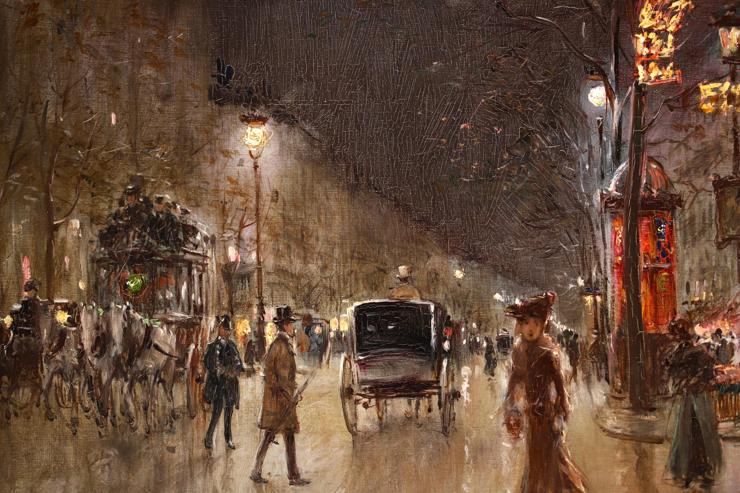 Paris-Grands Boulevards-Moonlight - 19th Century Figures in Cityscape by G Stein - Painting by Georges Stein