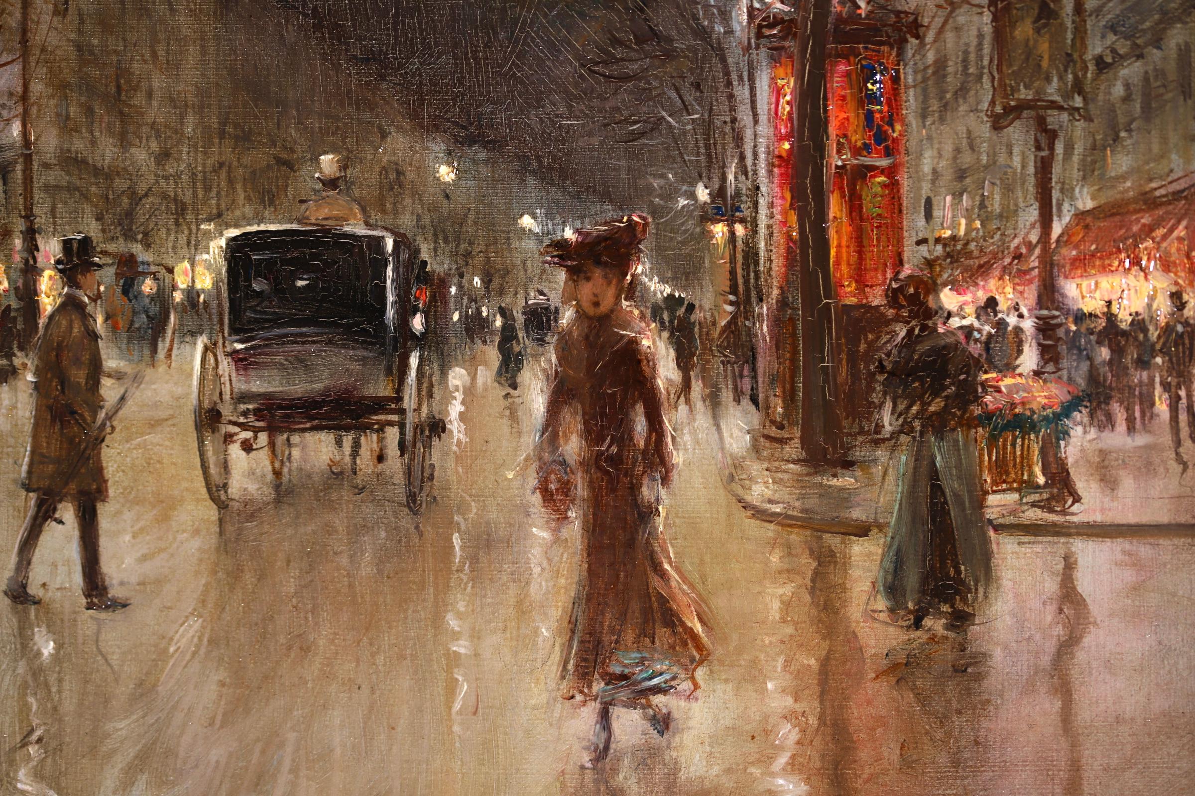 Paris-Grands Boulevards-Moonlight - 19th Century Figures in Cityscape by G Stein - Impressionist Painting by Georges Stein