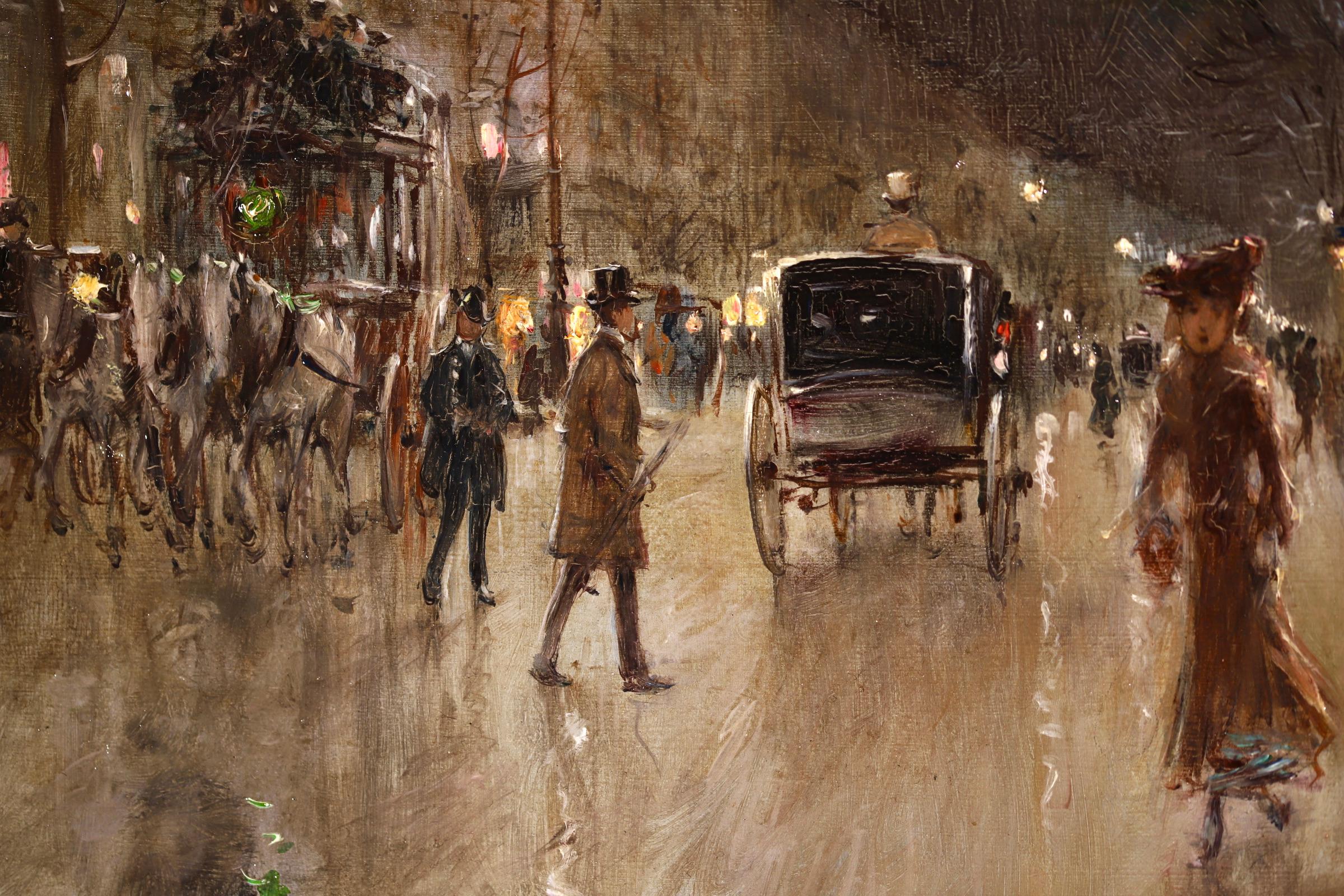 Paris-Grands Boulevards-Moonlight - 19th Century Figures in Cityscape by G Stein - Brown Figurative Painting by Georges Stein