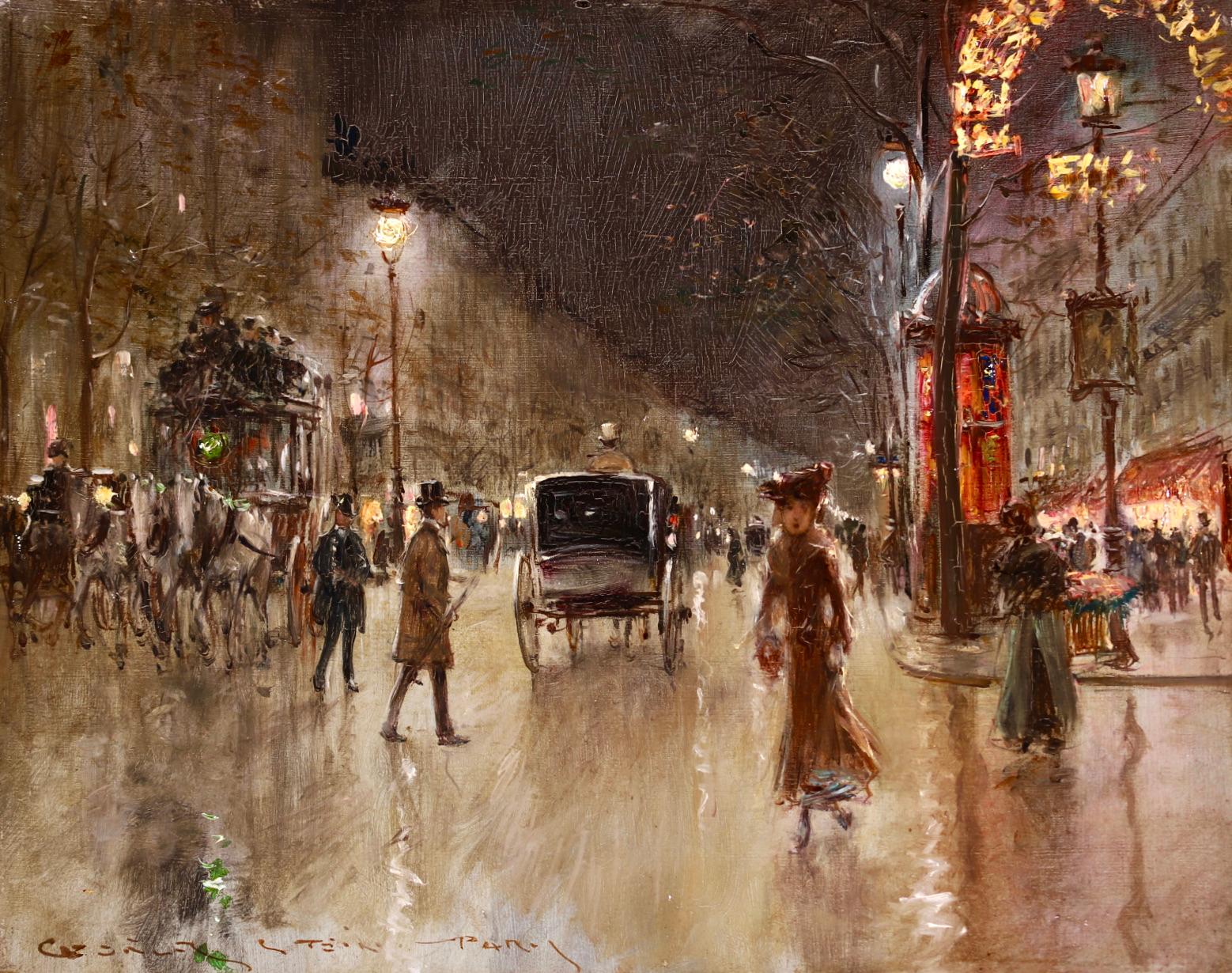 Georges Stein Figurative Painting - Paris-Grands Boulevards-Moonlight - 19th Century Figures in Cityscape by G Stein