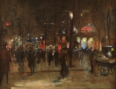 Paris - La Nuit - Impressionist Oil, Figures at Night Cityscape - Georges Stein