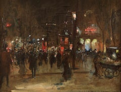 Paris - La Nuit - Impressionist Oil, Figures at Night Cityscape - Georges Stein 