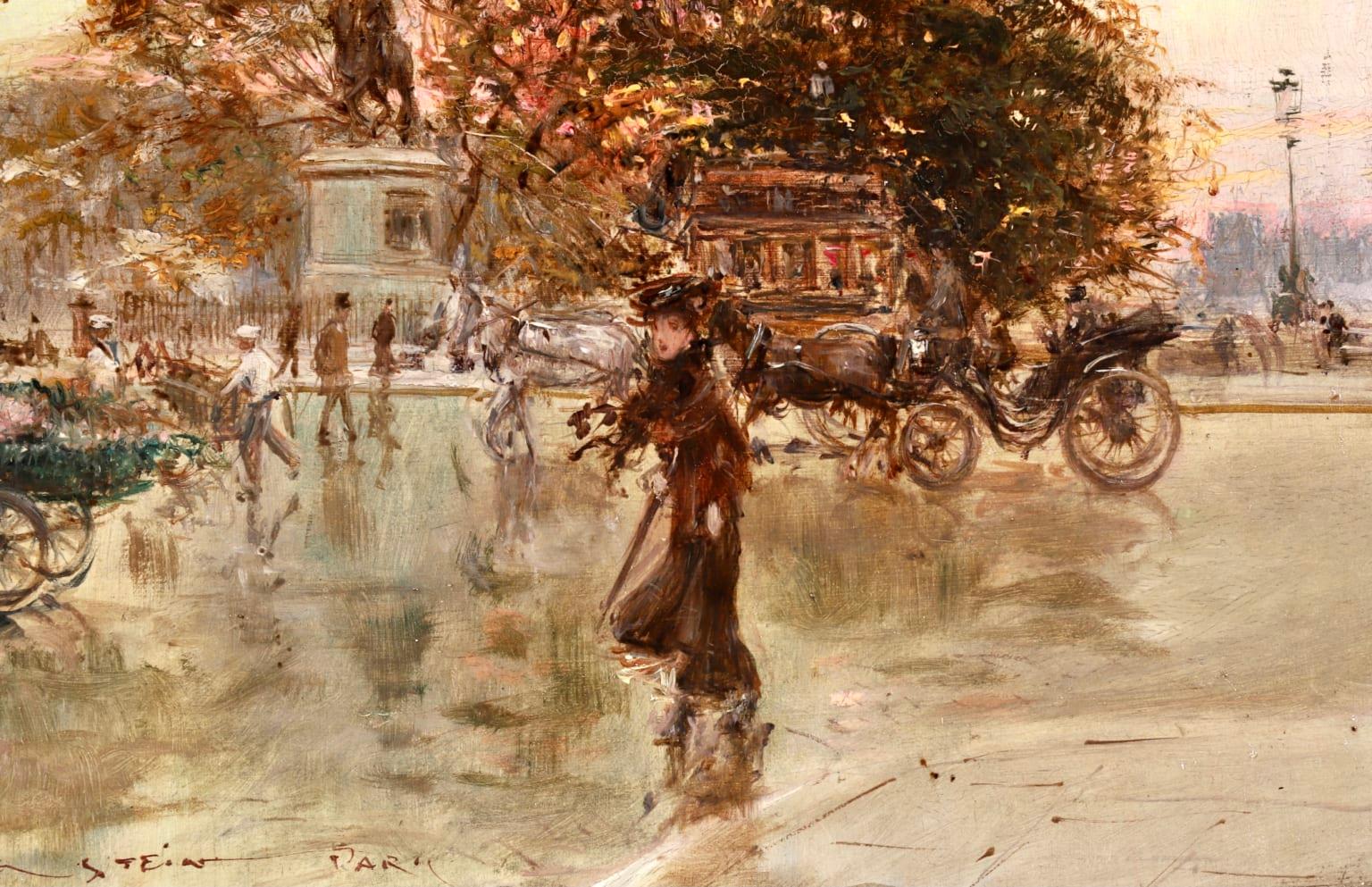 A charming and uniquely brushed 19th century impressionist oil on panel circa 1900 by French painter Georges Stein depicting the activities in the streets outside La Samaritane on a windy day in Paris. La Samaritaine was a large department store in