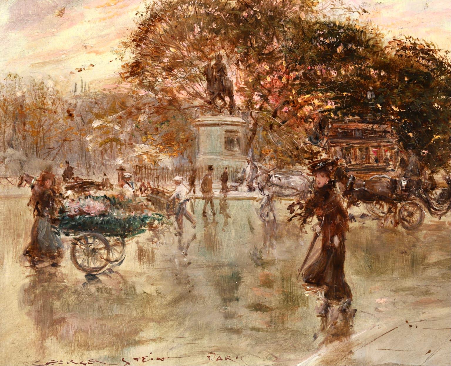 A Windy Day - Impressionist Oil, Figures in City Landscape by Georges Stein 3