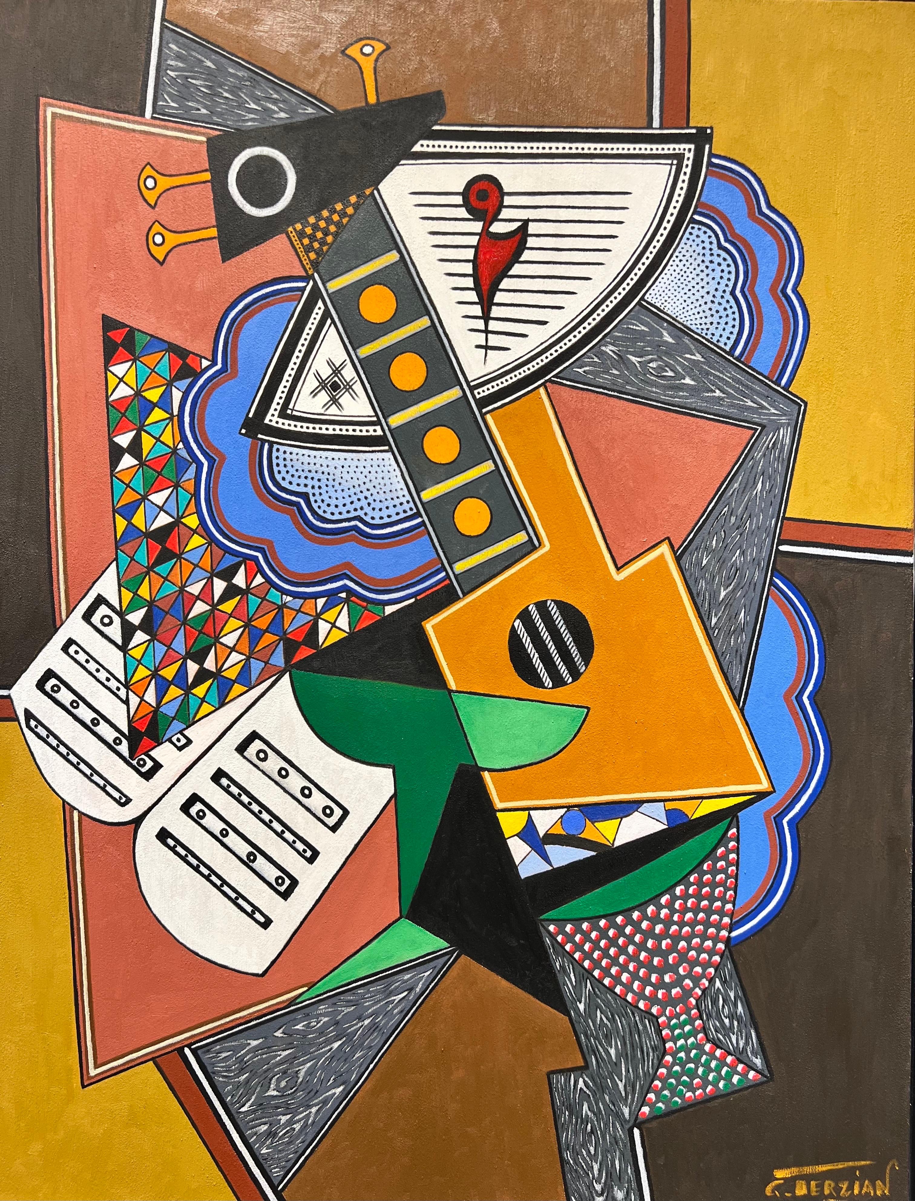 Composition à la guitare es una obra vibrante y visualmente cautivadora que ejemplifica el estilo distintivo de Georges Terzian. Conocido por su amor al color y a las composiciones complejas, las obras de Terzian suelen celebrar la música, las