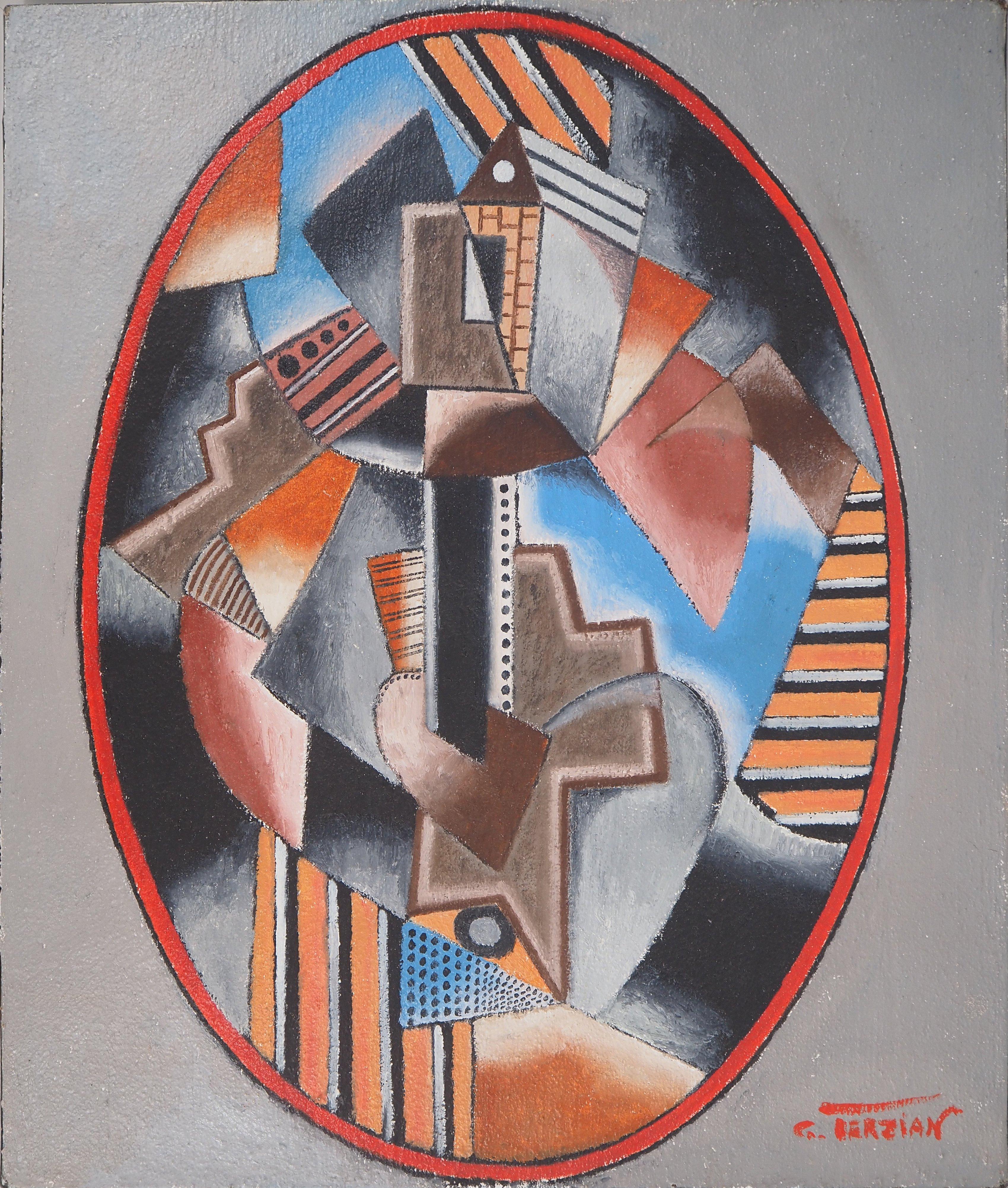 House on the Hill (Cubist Composition) - Original oil on canvas, Handsigned - Painting by Georges Terzian