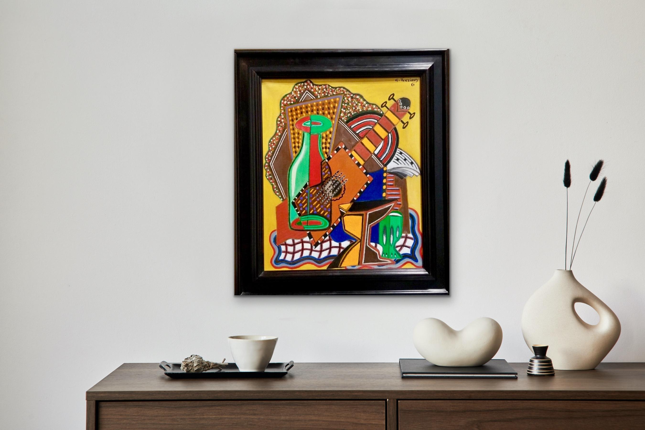 La Bouteille 2001 Öl auf Leinwand - Postkubistisches Stillleben Gitarre und Flasche Musik, Öl auf Leinwand (Kubismus), Painting, von Georges Terzian