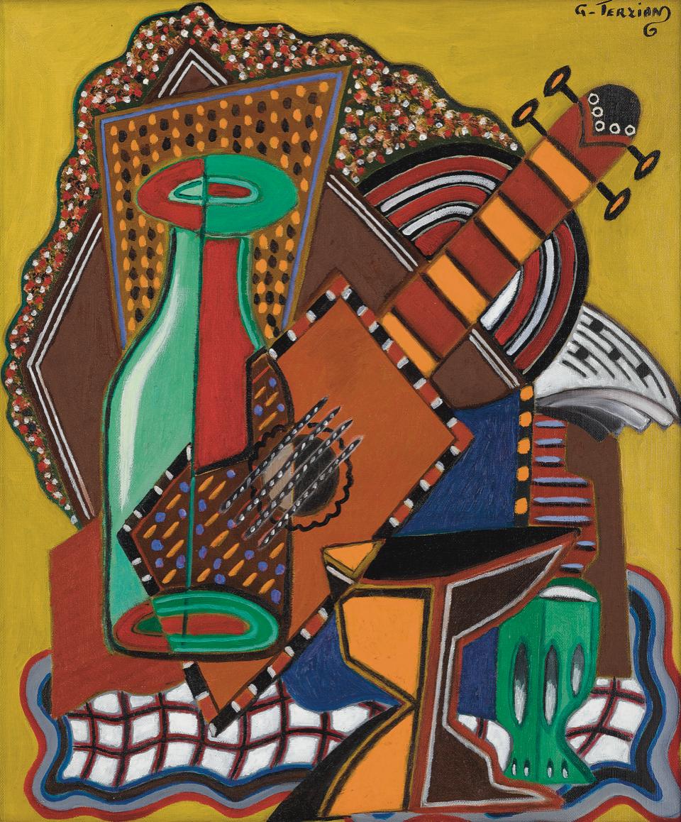 Georges Terzian Abstract Painting – La Bouteille 2001 Öl auf Leinwand - Postkubistisches Stillleben Gitarre und Flasche Musik, Öl auf Leinwand