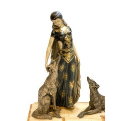 Georges Van De Voorde Art Deco Patinated & Silvered Metal Sculpture Maiden & Dog