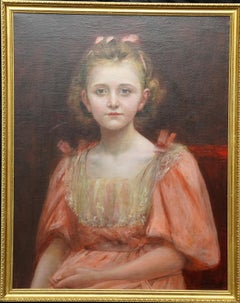 Portrait of a Young Girl in Peach Dress - Edwardian art oil painting
