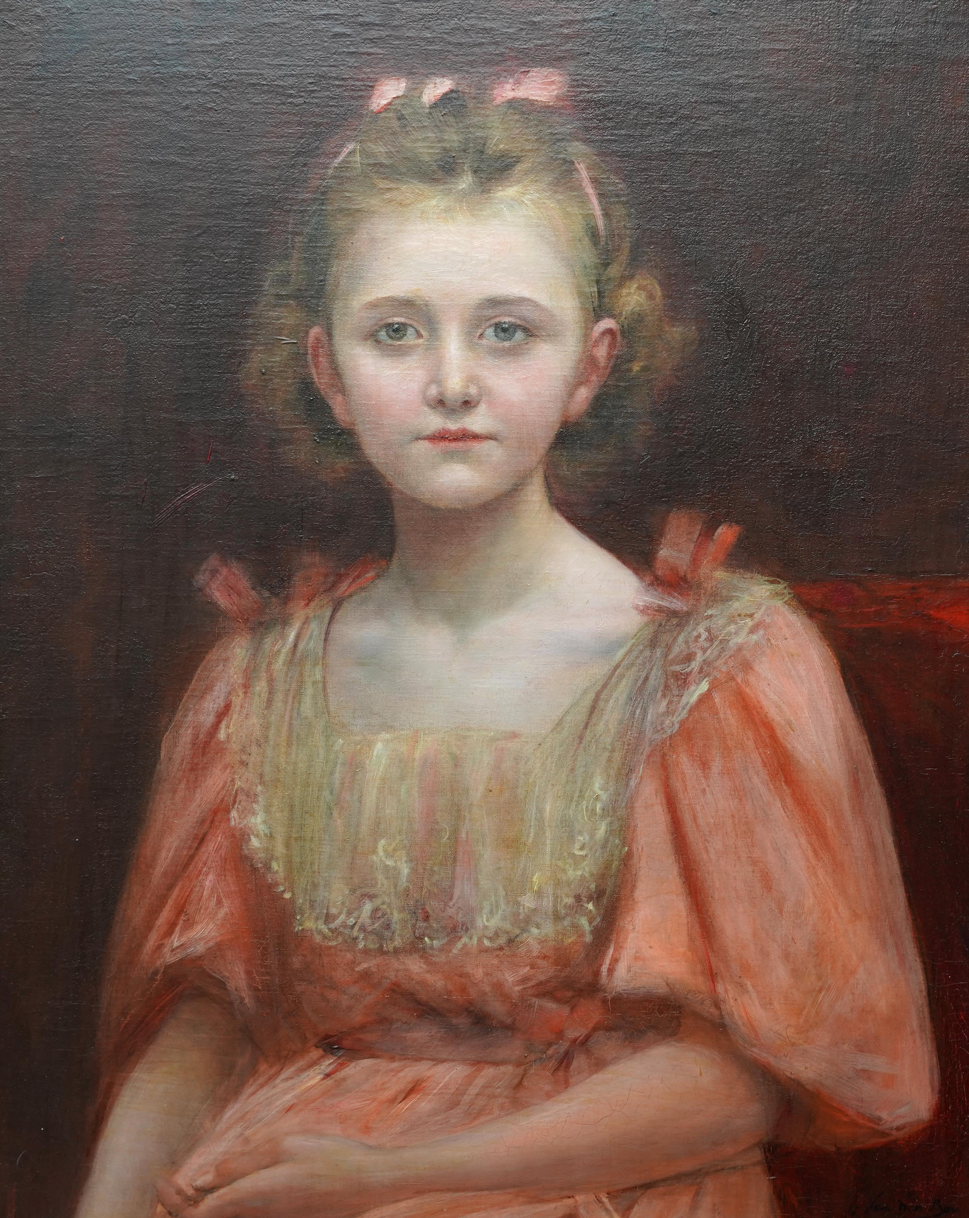 Portrait of a Young Girl in Peach Dress - Edwardian art oil painting For Sale 6