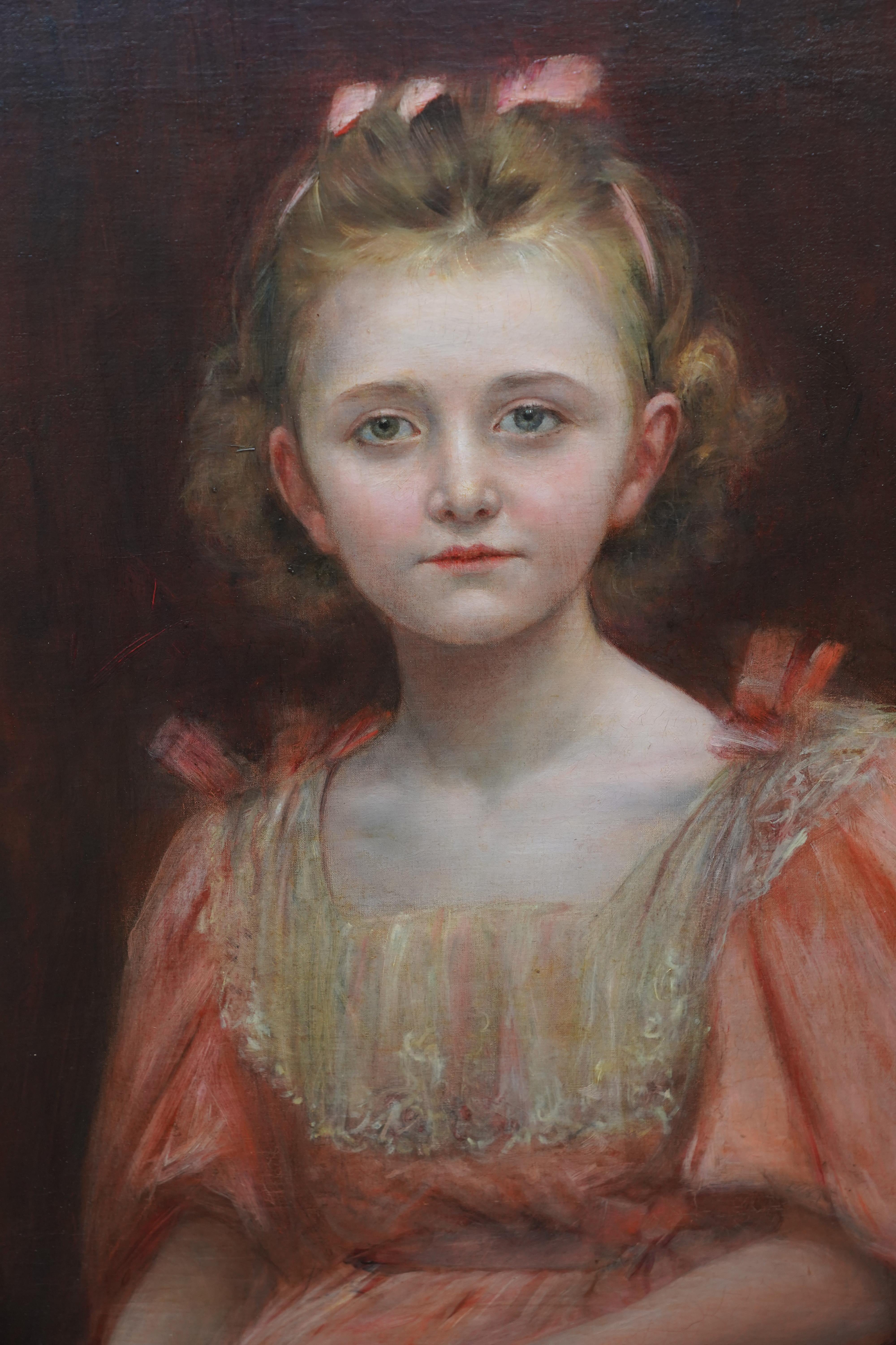 Porträt eines jungen Mädchens in pfirsichfarbenem Kleid – edwardianisches Ölgemälde (Realismus), Painting, von Georges Van Den Bos