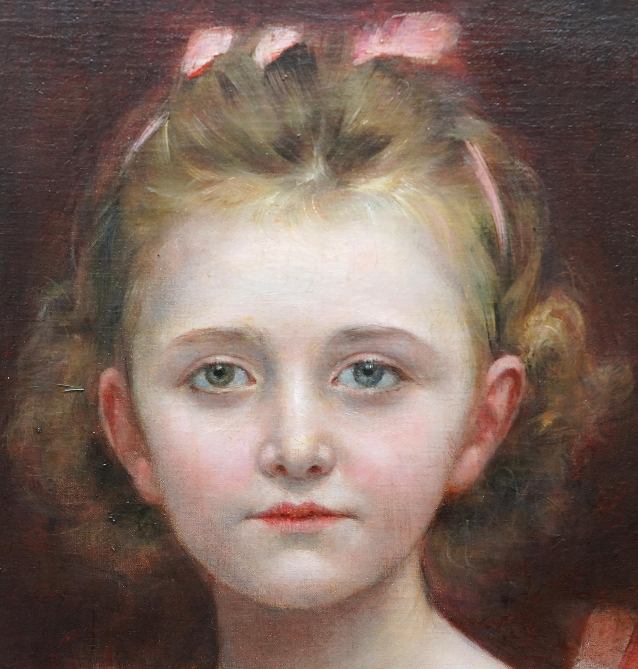 This captivating portrait oil painting is by noted artist Georges Van Den Bos. Painted circa 1905, it is a half length portrait of a young girl wearing a peach dress with lace bodice and matching ribbons in her hair. There is incredible realism in