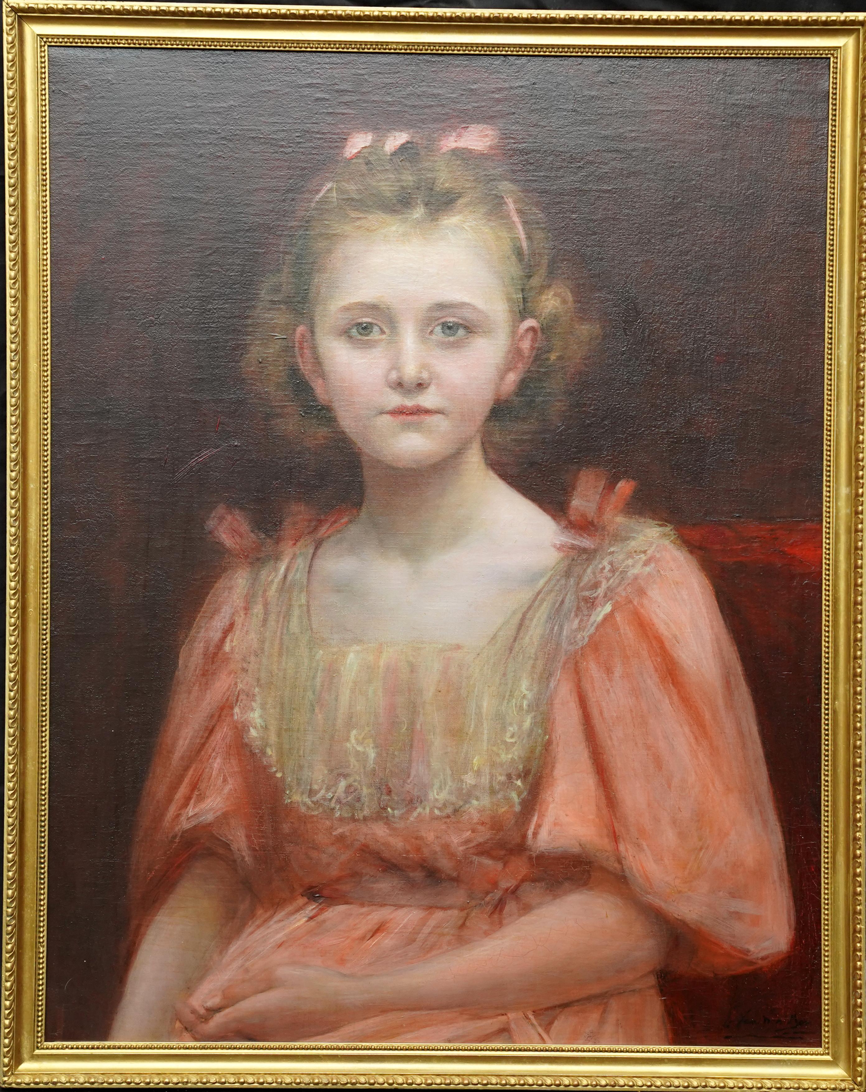Georges Van Den Bos Portrait Painting – Porträt eines jungen Mädchens in pfirsichfarbenem Kleid – edwardianisches Ölgemälde