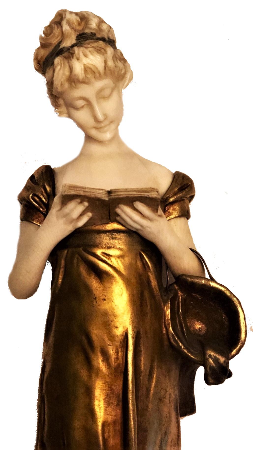 Français Lectrice, sculpture française en bronze doré, Georges Van Der Straeten, 1888 en vente