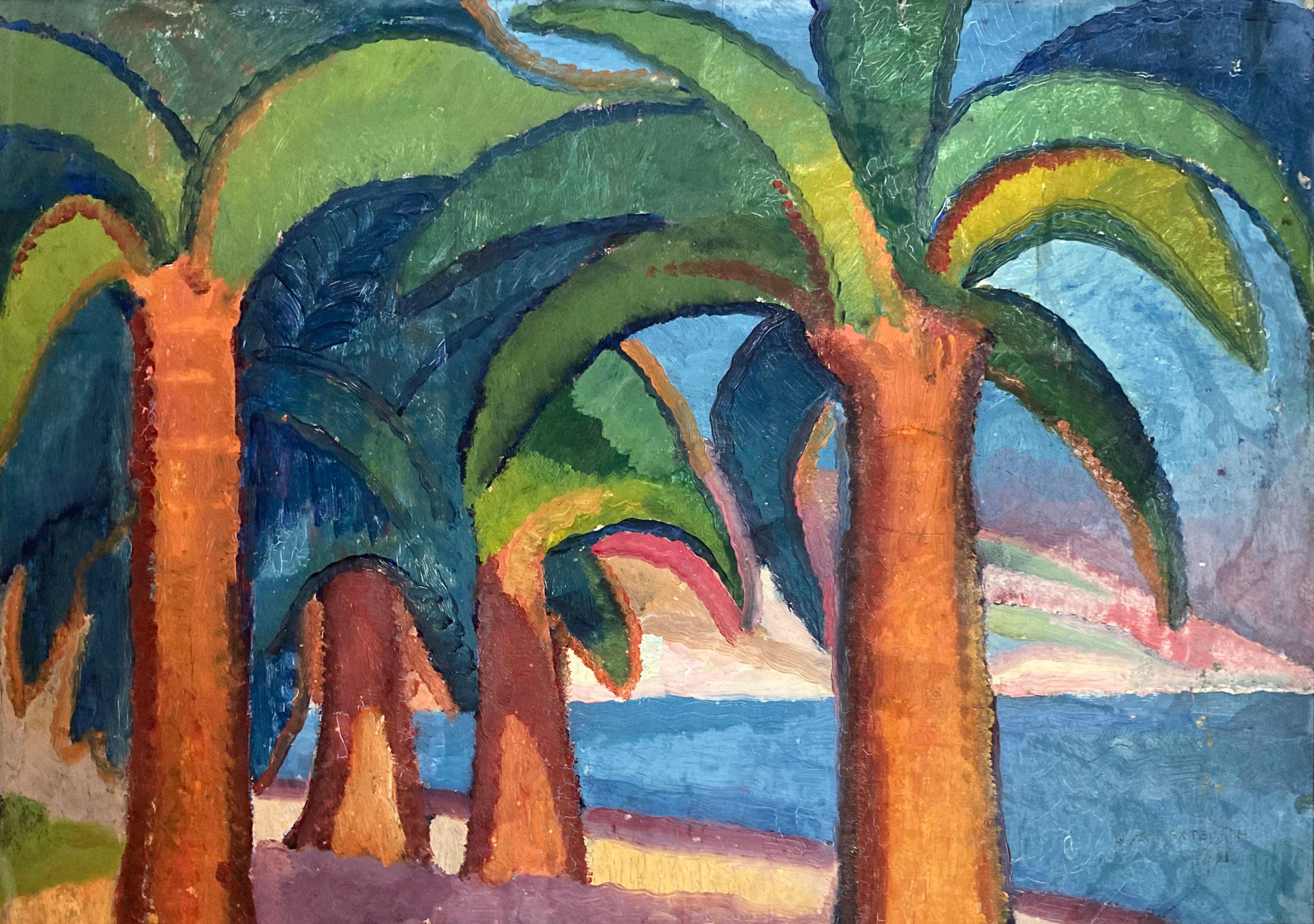 Espressionismo, Extergem, Mare, Palme, Costa Azzurra, 1921, Scena costiera estiva - Painting di Georges Van Extergem